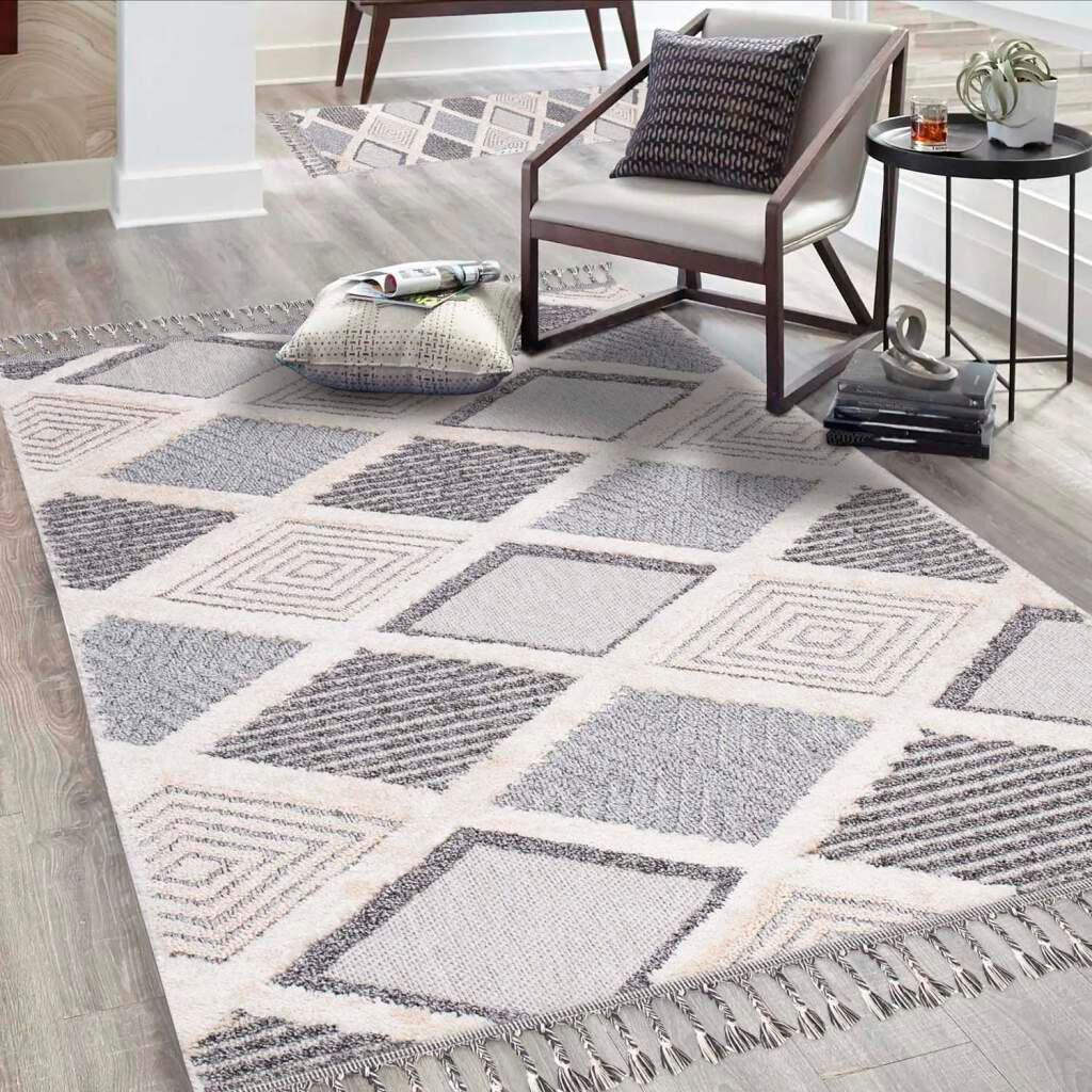 Image of Carpet City Hochflor-Teppich "Valencia 731" rechteckig 20 mm Höhe Läufer, Boho-Stil, 3D-Effekt, Raute, Hoch-Tief-Struktur, mit Fransen
