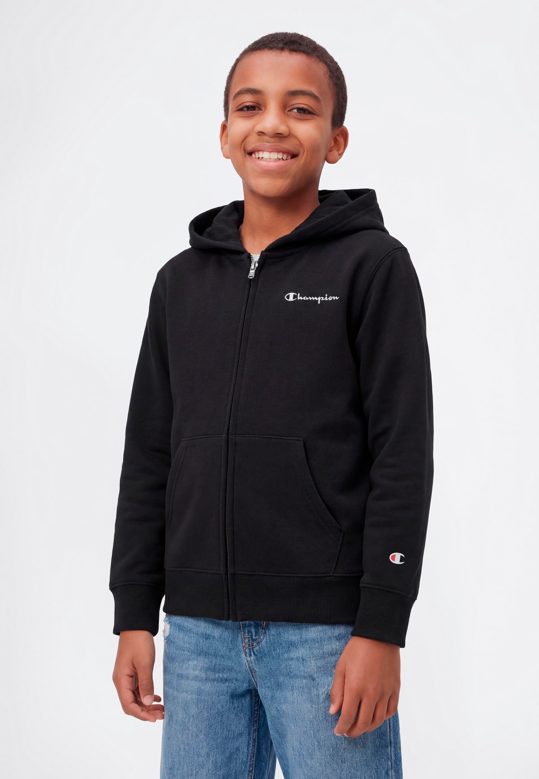 Image of Champion Kapuzensweatjacke "ICONS CONTRAST Terry Full Zip Hoodie" mit Kapuze, mit Reissverschluss, für Kinder, mit Rundhalsausschnitt