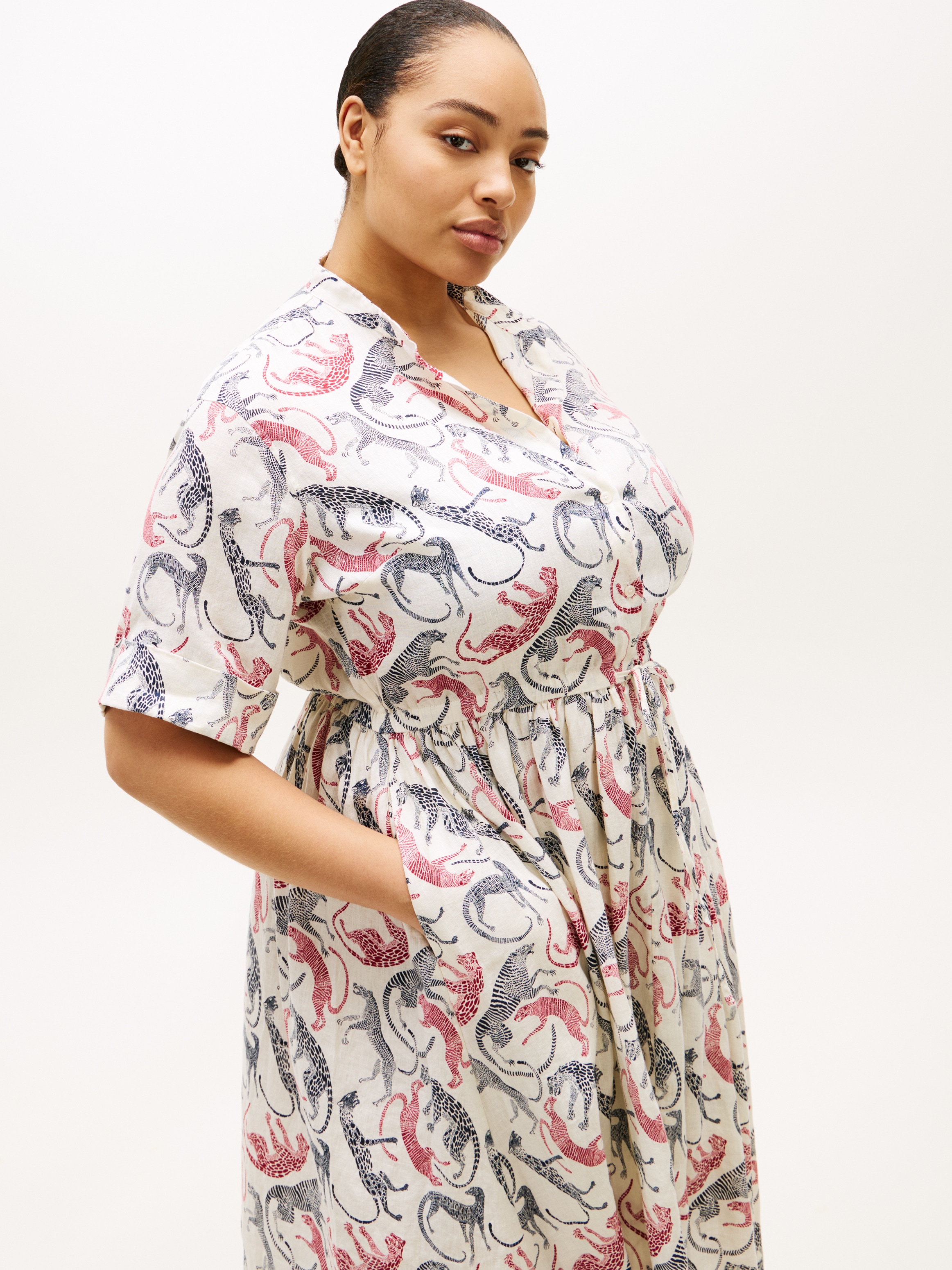 Tommy Hilfiger Curve Midikleid »CRV LINEN MIDI SHIRT DRESS SS« in grossen Grössen, Taille mit Bindeband