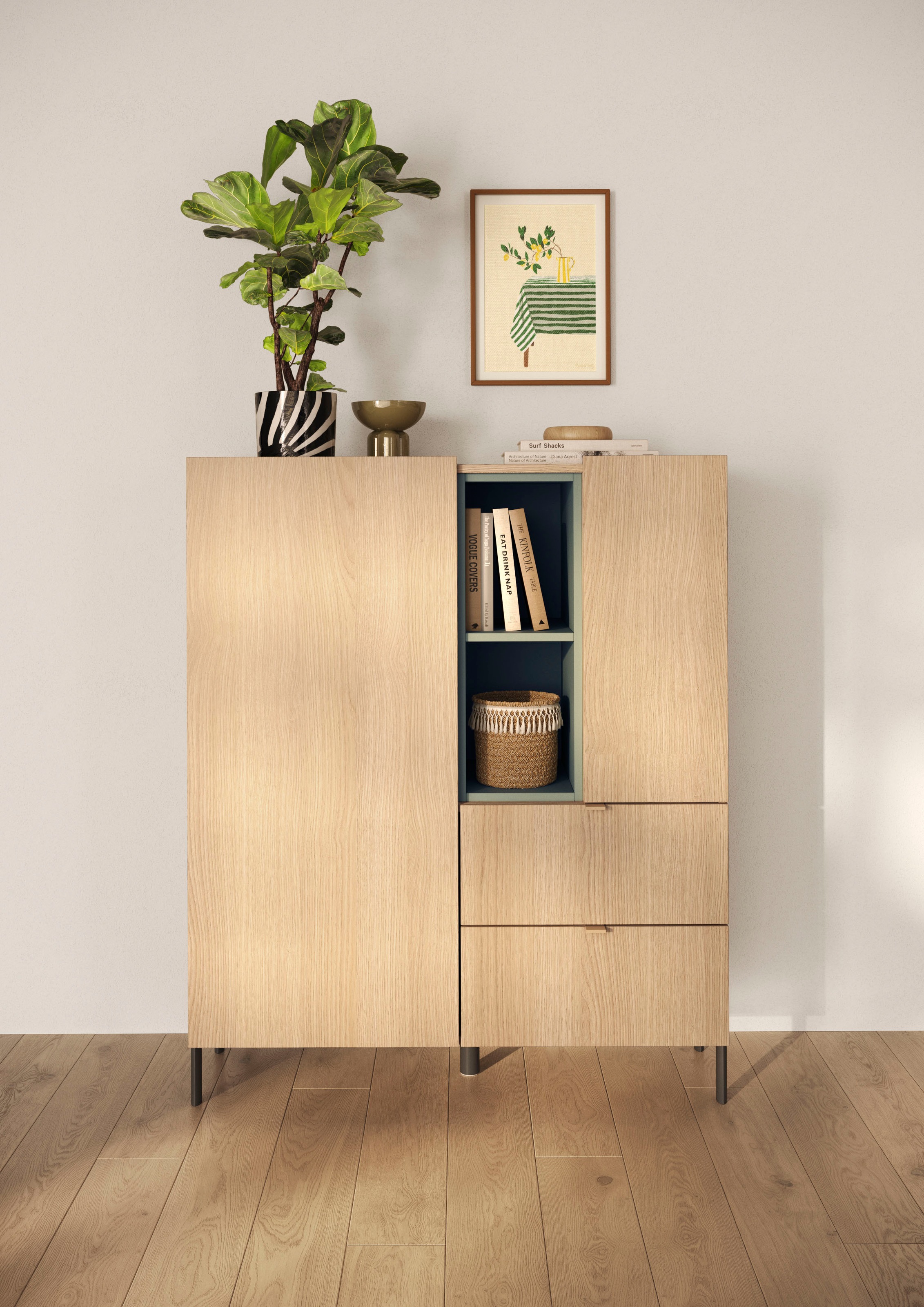 Image of GOODproduct Highboard "Badia, B/H 101/124 cm, 2 Türen, 2 Schubkästen, Stauraumschrank" Innenliegendes Top, gerade Metallfüsse, salbeigrüne Farbakzente