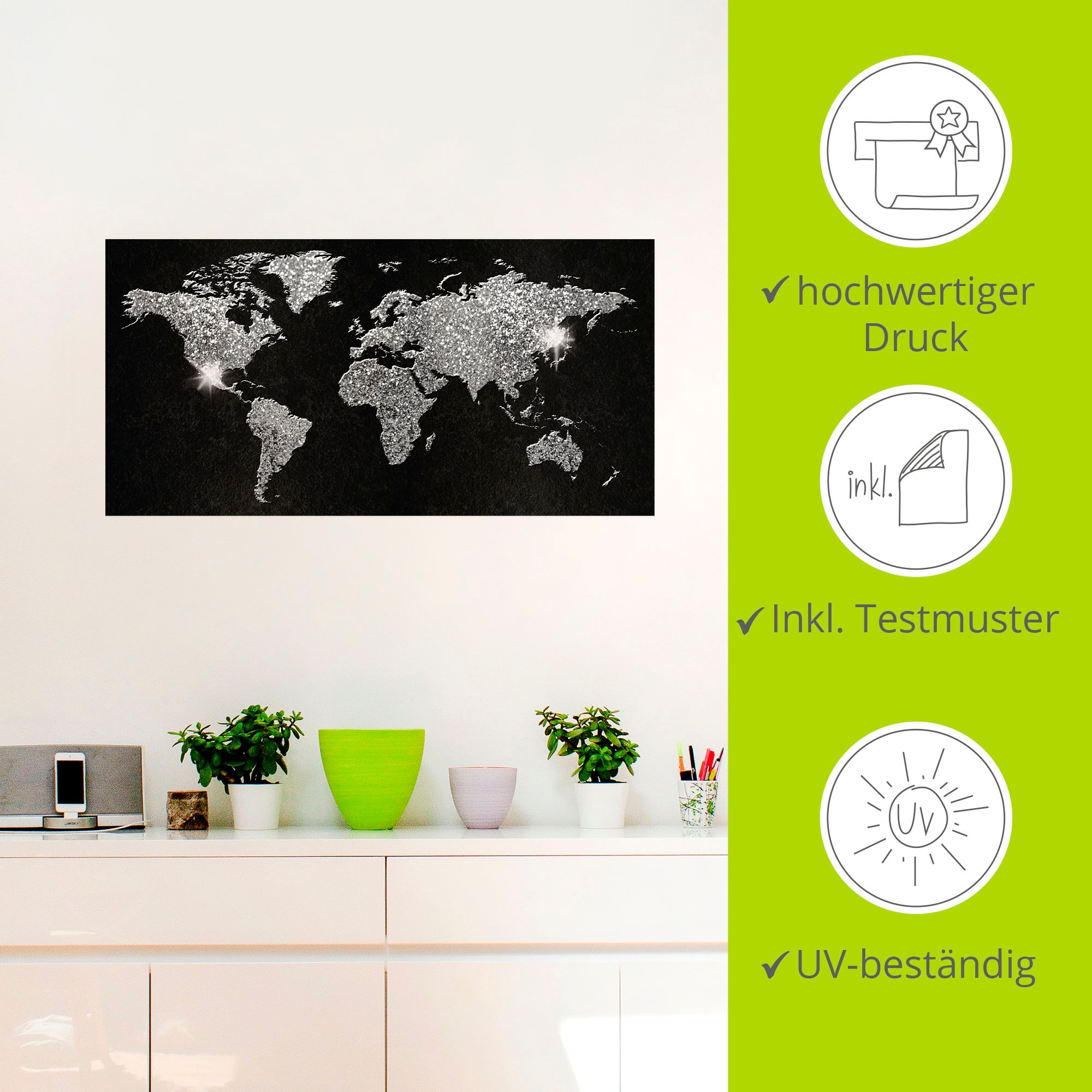 Artland Wandbild »Weltkarte Glitzer«, Land- & Weltkarten, (1 St.), als Alubild, Outdoorbild, Leinwandbild, Poster, Wandaufkleber