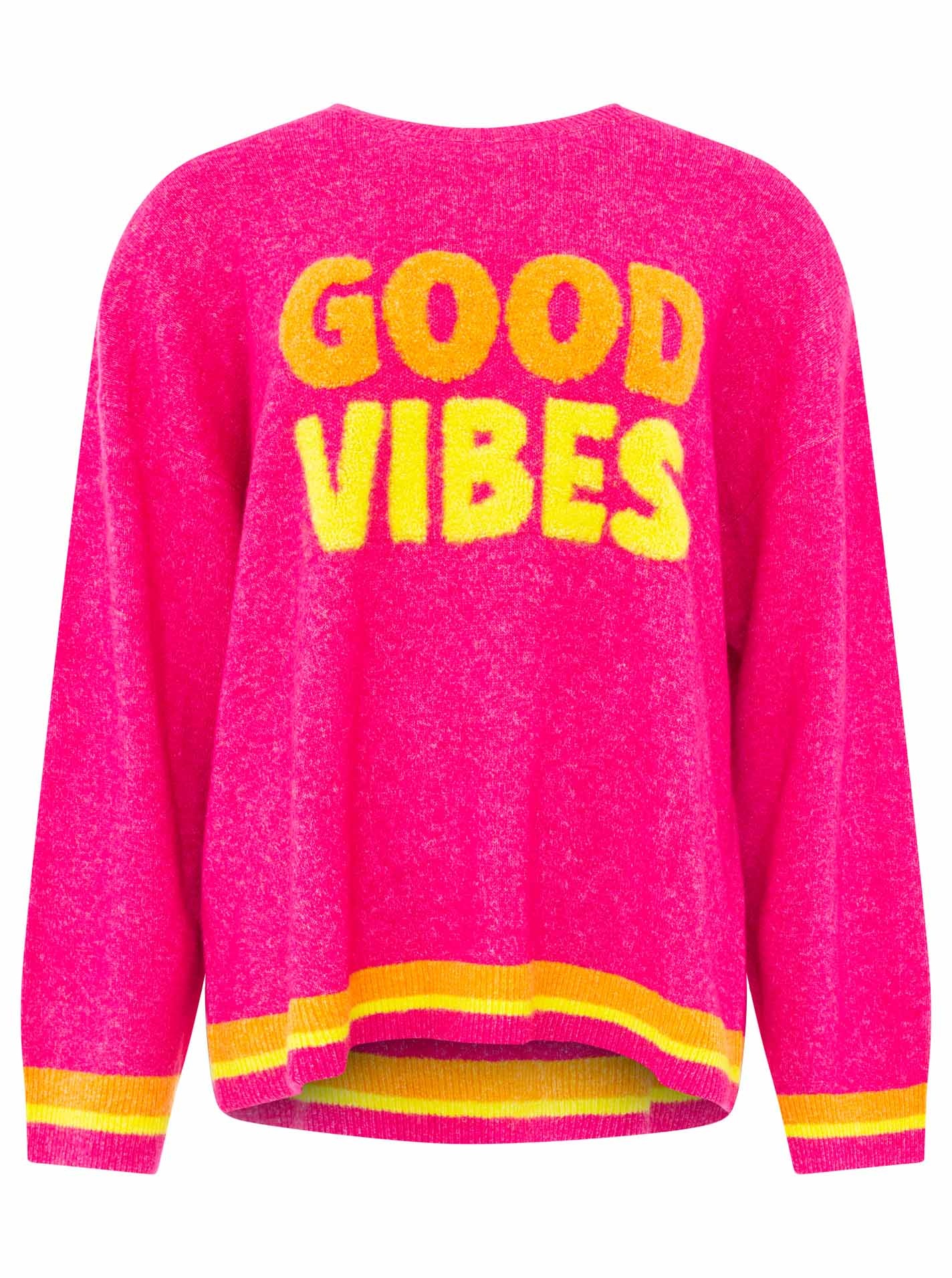Zwillingsherz Pull en tricot »"GOOD VIBES"« farbiger Schriftzug, gestreifte Neon-Bündchen, Rundhals, Strick