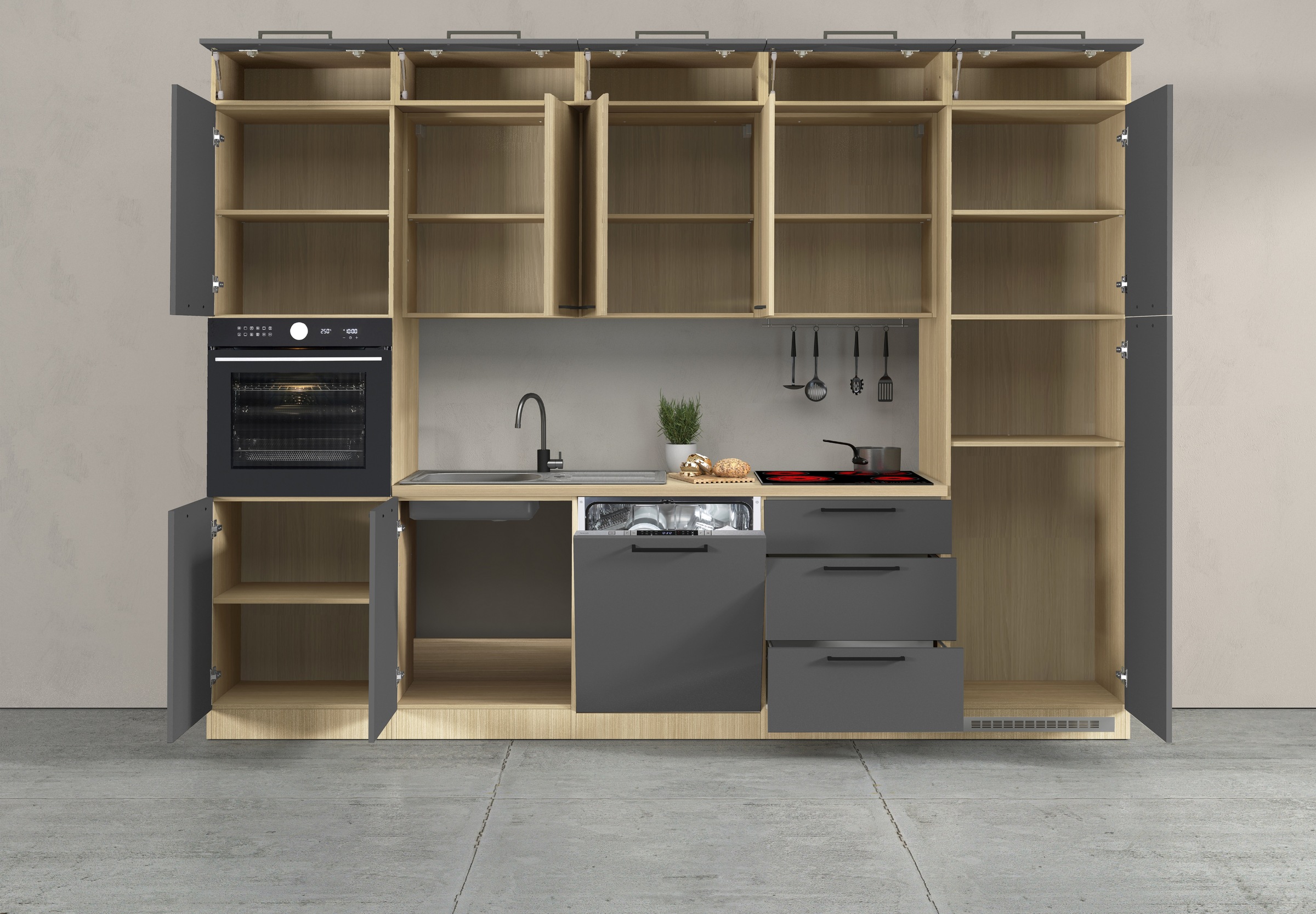 KOCHSTATION Kitchenette »Luna, Einbauküche, Zeilenküche, mit Soft-Close Funktion, Made in Italy« Breite 300 cm ohne E-Geräte, mit Spüle+Siphon und Aufsatz