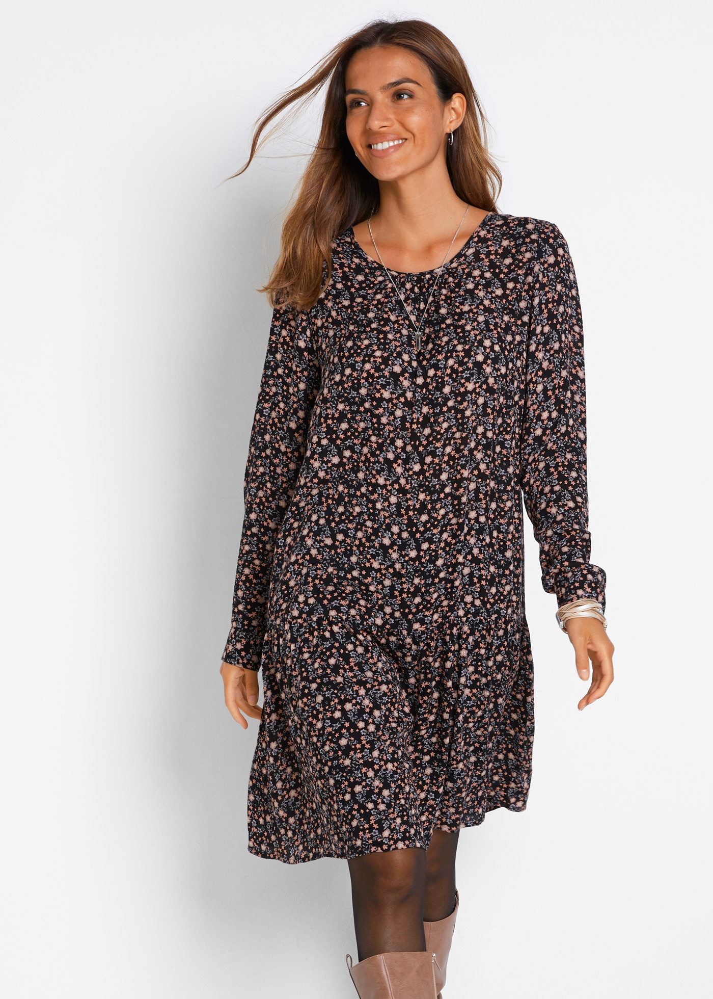 Image of bonprix Minikleid mit floralem All-Over Print, aus Viskose, Regular Fit, ohne Kragen