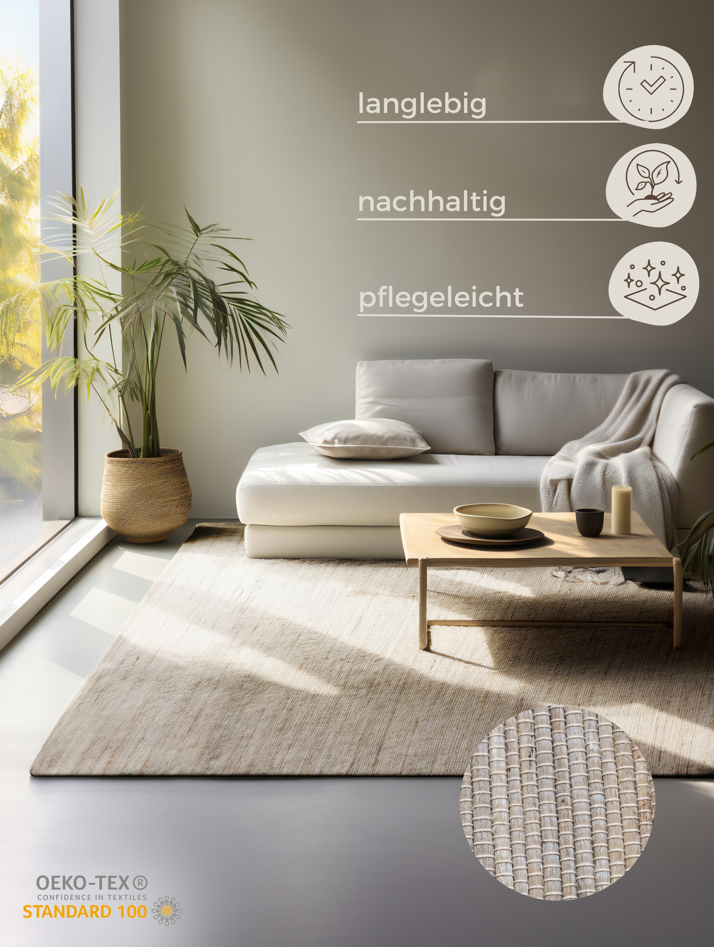 HANSE Home Teppich »Dhaka«, rechteckig, 5 mm Höhe, Handgewebt, Jute, Wolle, Natur, Wohnzimmer, Flur, Klassisch, Boho