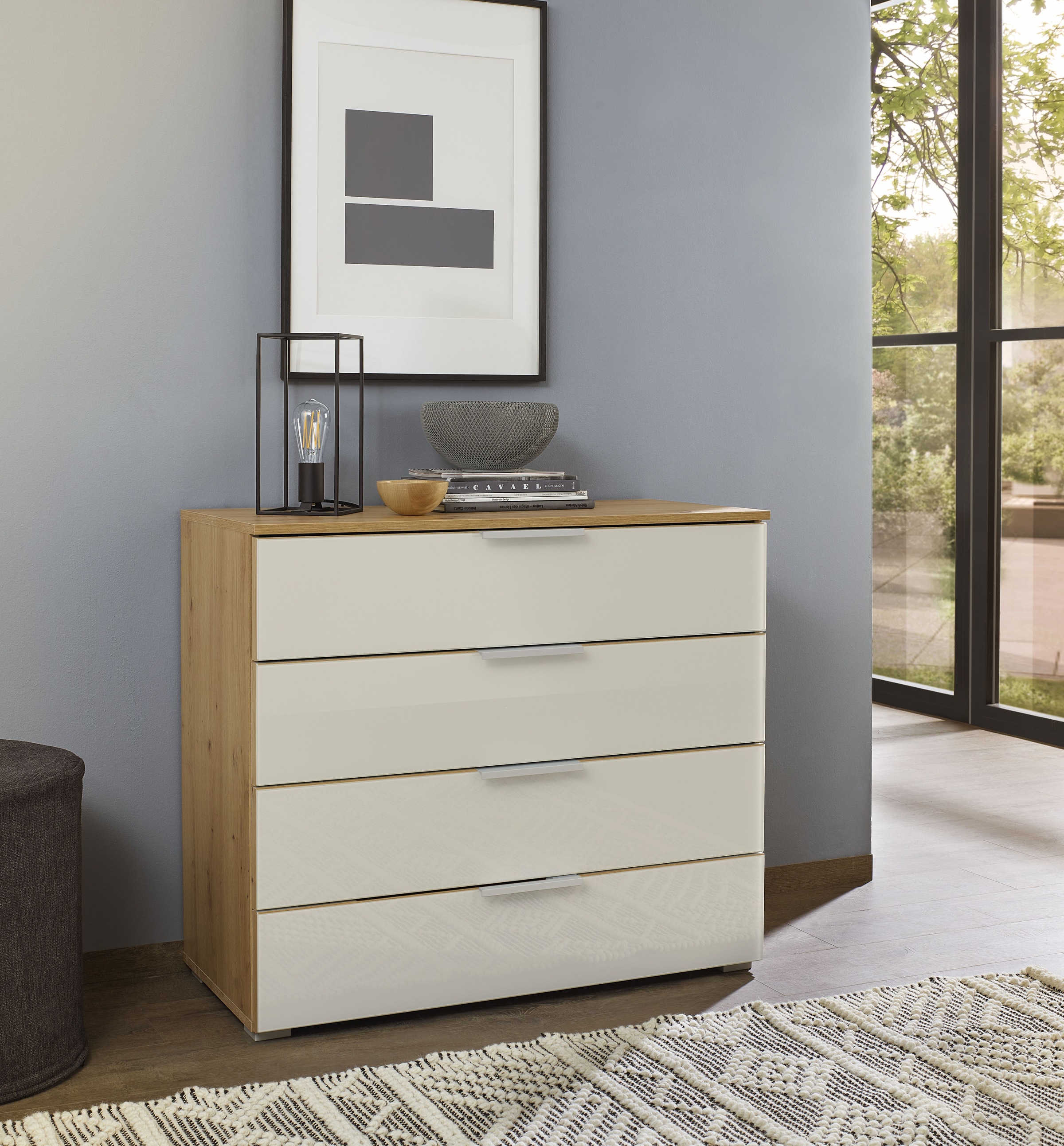 OTTO home Schubkastenkommode "Kommode Sideboard Schubladenkommode Schlafzimmerkommode KOLUNA" Breite 80 cm mit hochwertiger Glasfront, vier große und geräumige Schubladen mit viel Stauraum MADE IN GERMANY
