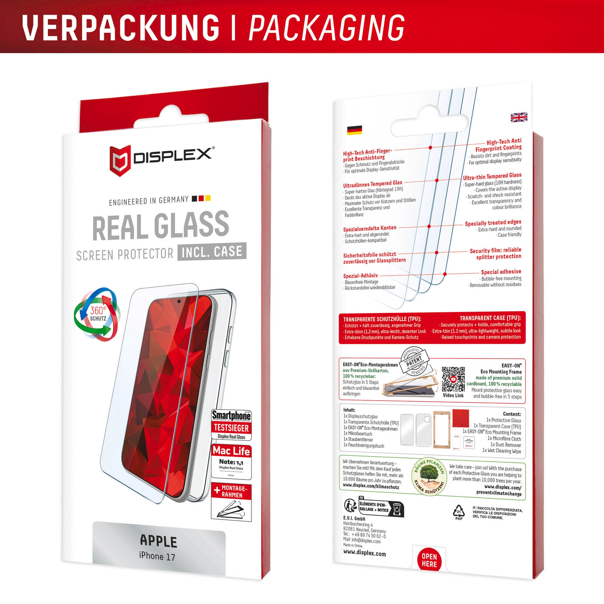 Displex Verre de protection d'écran »Real Glass Screen Protector inkl. Case« für Apple iPhone 17 Displayschutzfolie, Schutzfolie, Bildschirmschutz, kratz- & stossfest