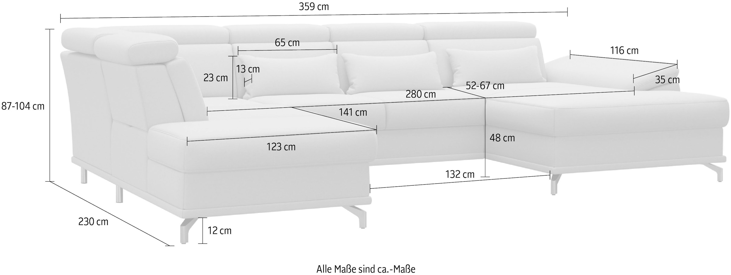 sit&more Wohnlandschaft »Cabrio U-Form, B: 359 cm, mit Sitztiefen-, Arm- & Kopfteilverstellung« 3 Nierenkissen, Federkern, optional Bettfunktion und Stauraum