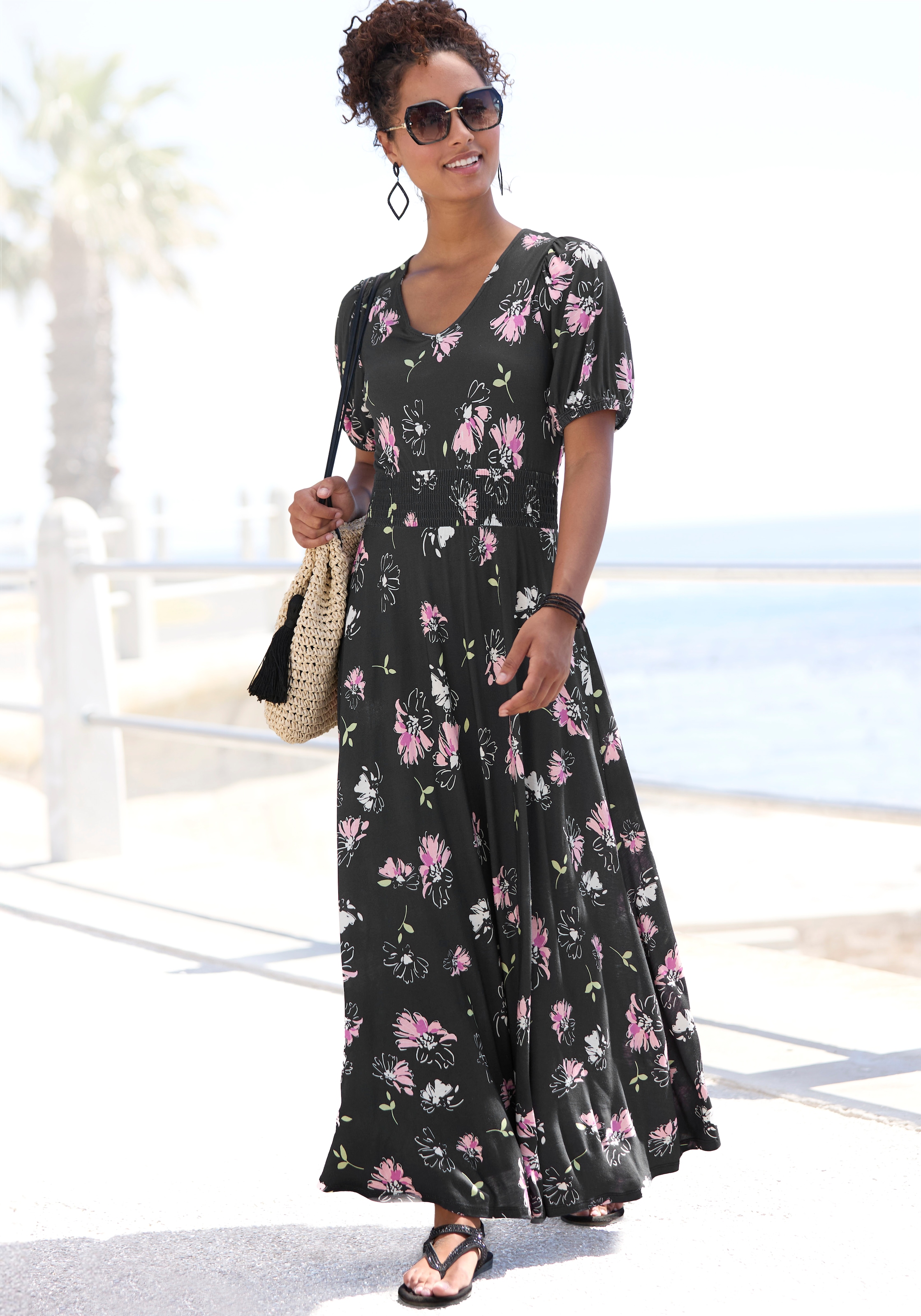 Image of Vivance Maxikleid "mit Blumendruck und kurzen Puffärmeln" Ohne Taschen geblümtes Sommerkleid, Strandkleid, Jerseykleid, casual