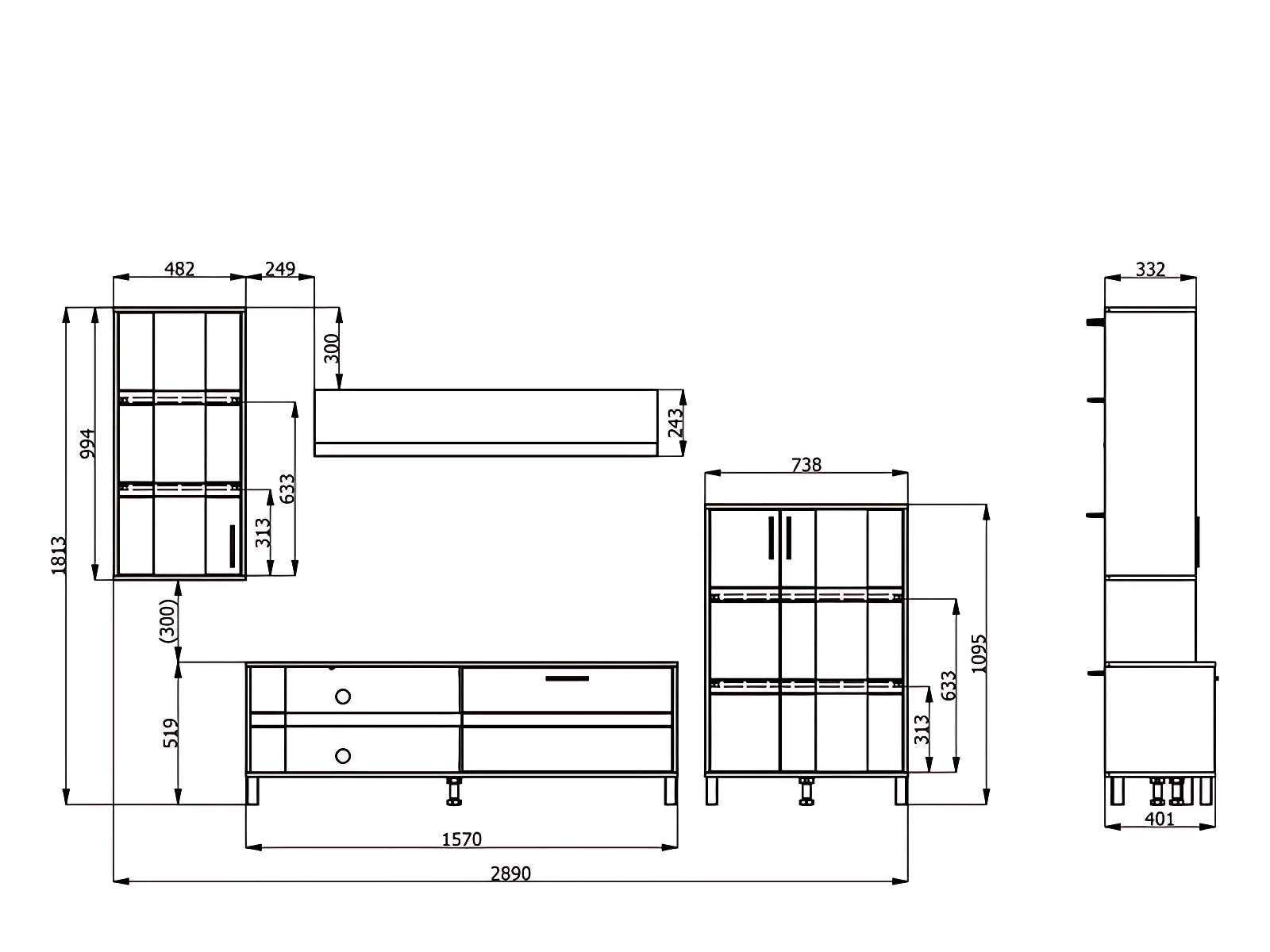 Home affaire Wohnwand »Sheffield, inkl. TV-Board, Highboard, Hängevitrine und Wandregal« Komplett-Set, 4 Stk. tlg.