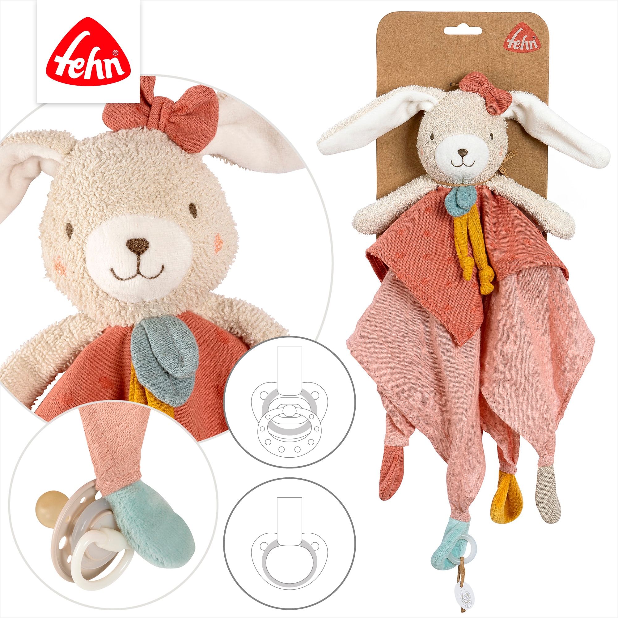 Fehn Doudou »Schmusetuch Hase« avec anneau de fixation pour tétine