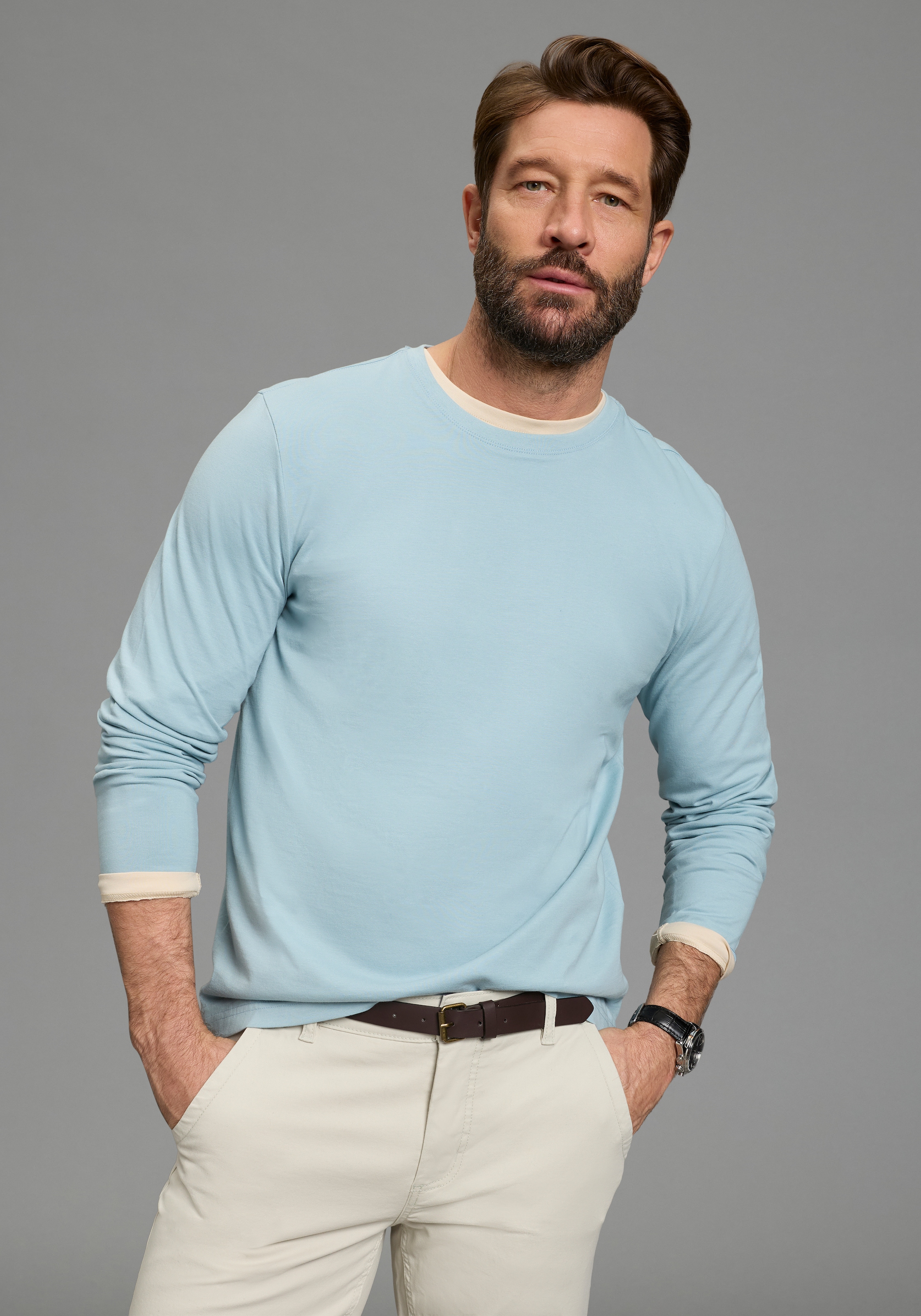 Man's World T-shirt à manches longues »neue Farbe !« pack de 3,  T-shirts à manches longues, couleur unie, en coton, vendus par lot de 3