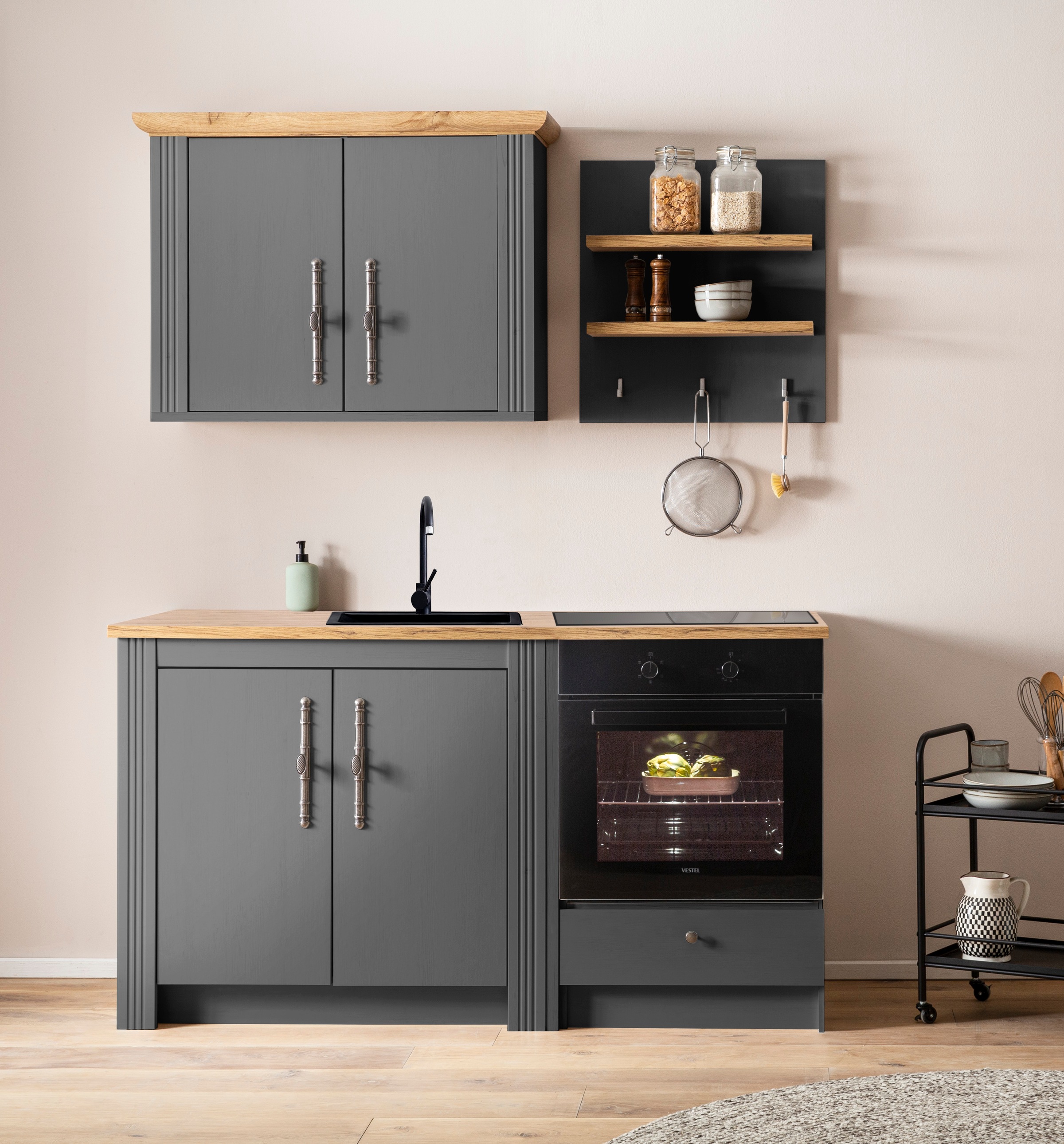 OTTO home Küchenzeile "KS-Westminster, Pantryküche im Landhaus Stil, hochwertige Metallgriffe" Set, Breite 164 cm, Kommode, Wandpaneel, Hängeschrank und Herdumbau