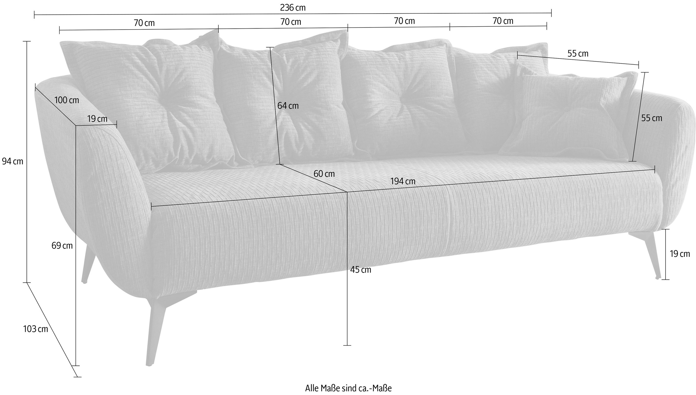 Home affaire 3-Sitzer »Baggio Breite 236 cm, modernes Sofa, hoher Fuss, bequem« schwarze Metallfüsse