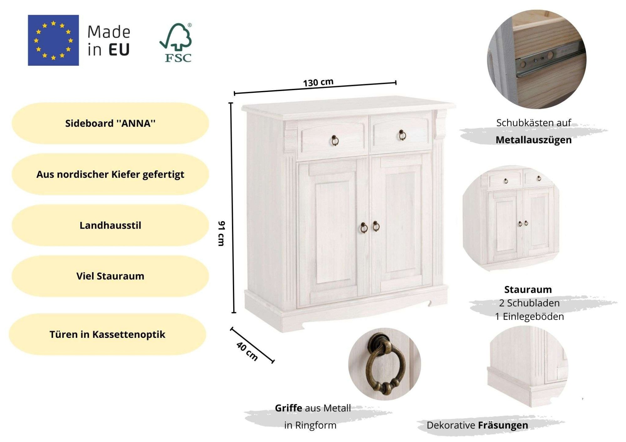 Home affaire Kommode »Anna, Sideboard, Anrichte, Saturaumschrank«, aus massiver Kiefer, Breite 94 cm, mit Kassettenoptik