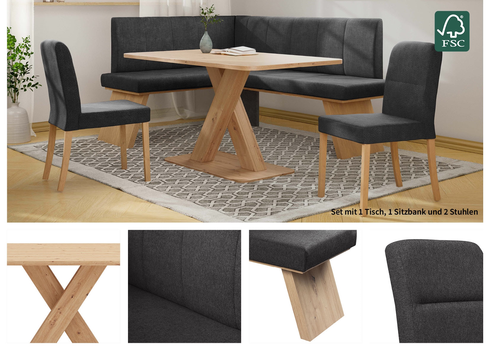 Home affaire Ensemble de bancs d'angle »Nina« Set, 4er, 4 cuis tlg. Sitzgruppe Esszimmer Stühle Tisch und Bank bequem gepolstert