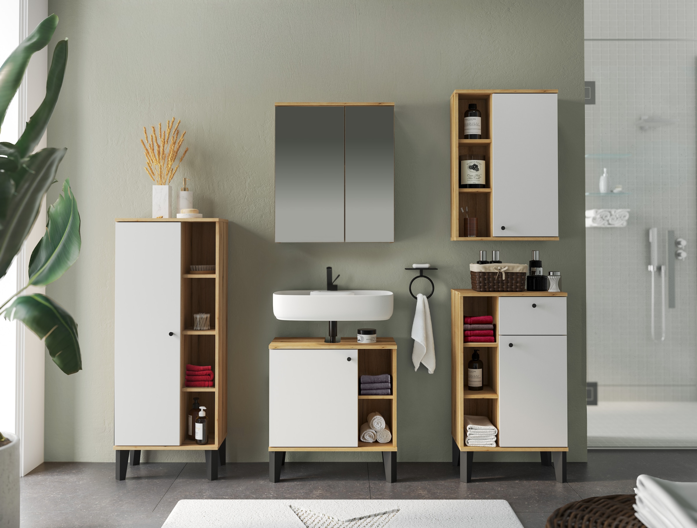 INOSIGN Badmöbel-Set »OSLO, Bad im skandinavischen Design, 5-teiliges Badezimmer« Set, 5 Stk. tlg.