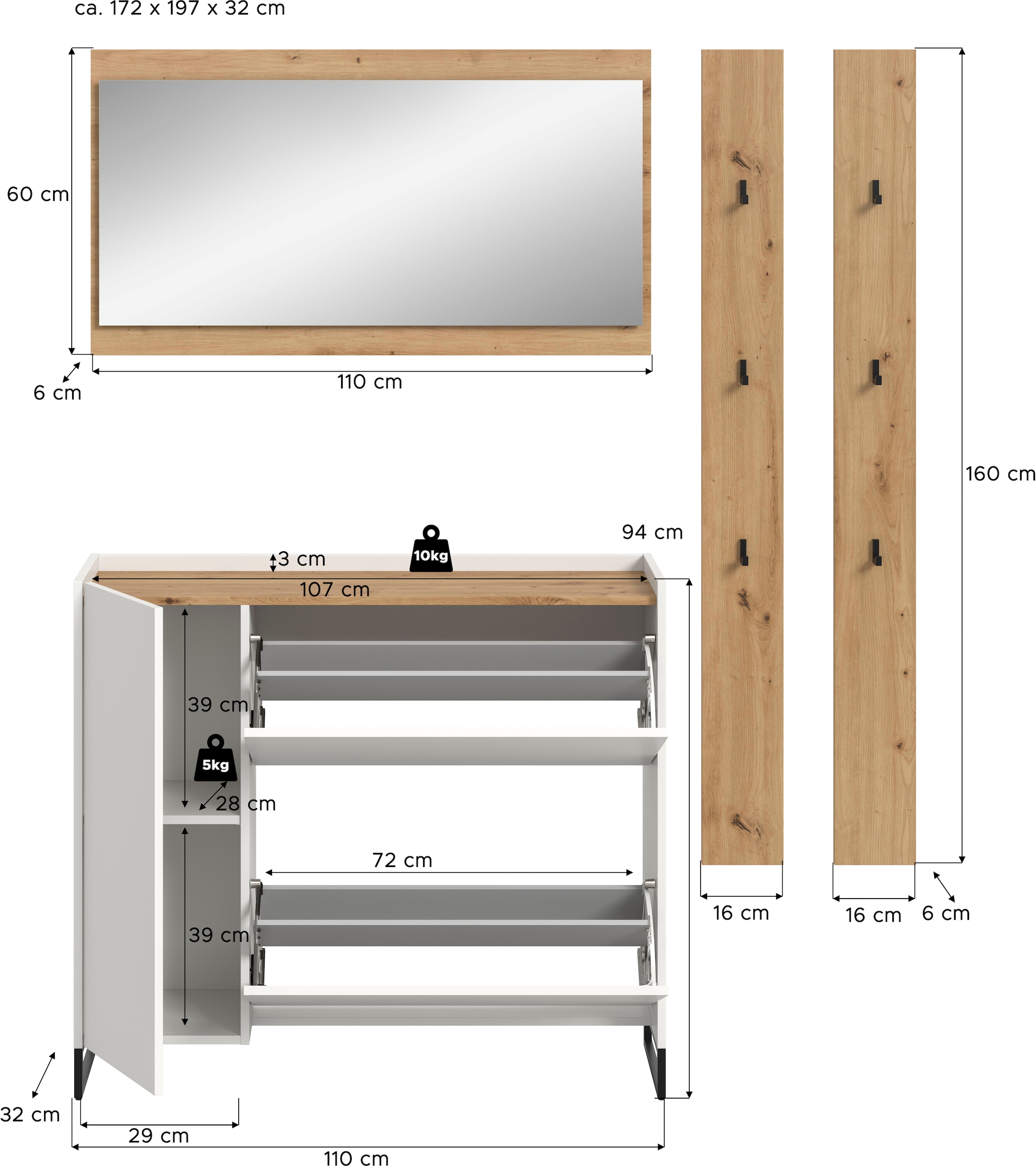 Home affaire Garderoben-Set »EVRID, 4-teilig, Breite 172 cm, individuell stellbar & erweiterbar« best. aus: Kommode, Spiegel & 2x Hakenleiste, 4 Stk. tlg.