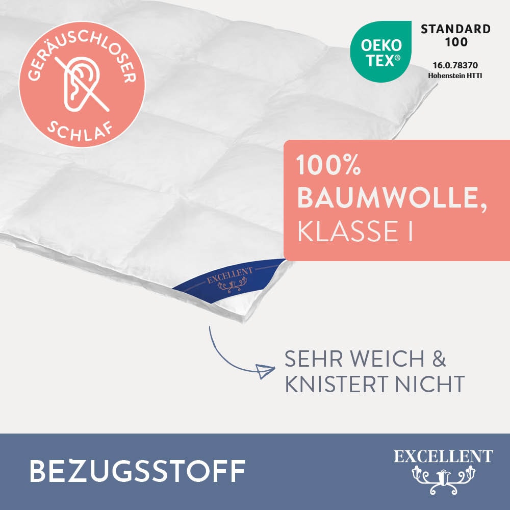 Excellent Daunenbettdecke »VENEDIG, Bettdecken für Sommer und Winter, Decke«, extrawarm, Füllung 90% Daunen, 10% Federn, Bezug 100% Baumwolle, (1 St.), Bettdecke 135x200 cm, 155x220cm und weitere Grössen, Made in Germany