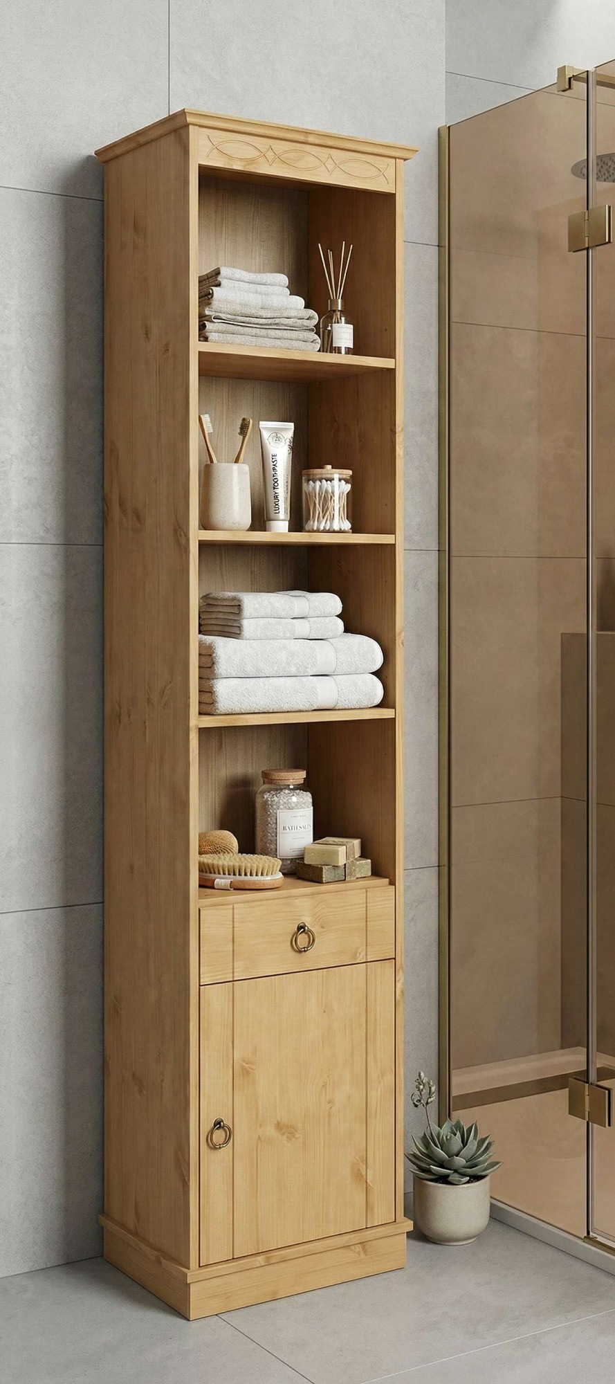 GOODproduct Hochschrank »Indra, Badschrank, Badmöbel, Badezimmerschrank« B/T/H: 46/32/186 cm,  aus massiver Kiefer, mit Schublade, FSC®-zertifiziert