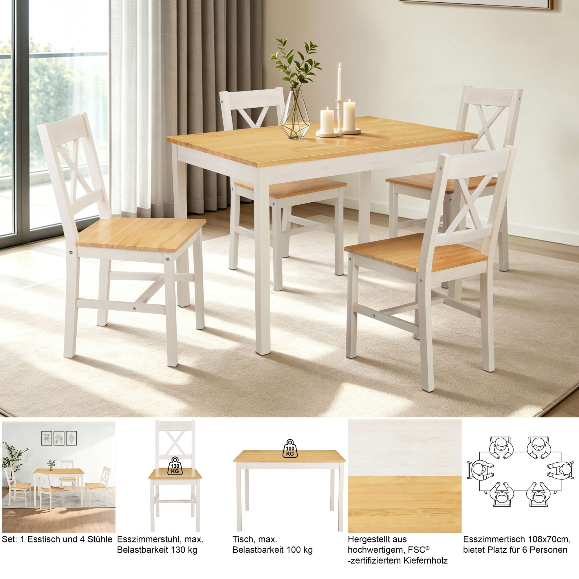 GOODproduct Ensemble de salle à manger »Willow« Ensemble, Esstisch mit 4 Stühlen, 5 tlg. Esstisch mit 4 Stühlen, aus massivem Kiefernholz