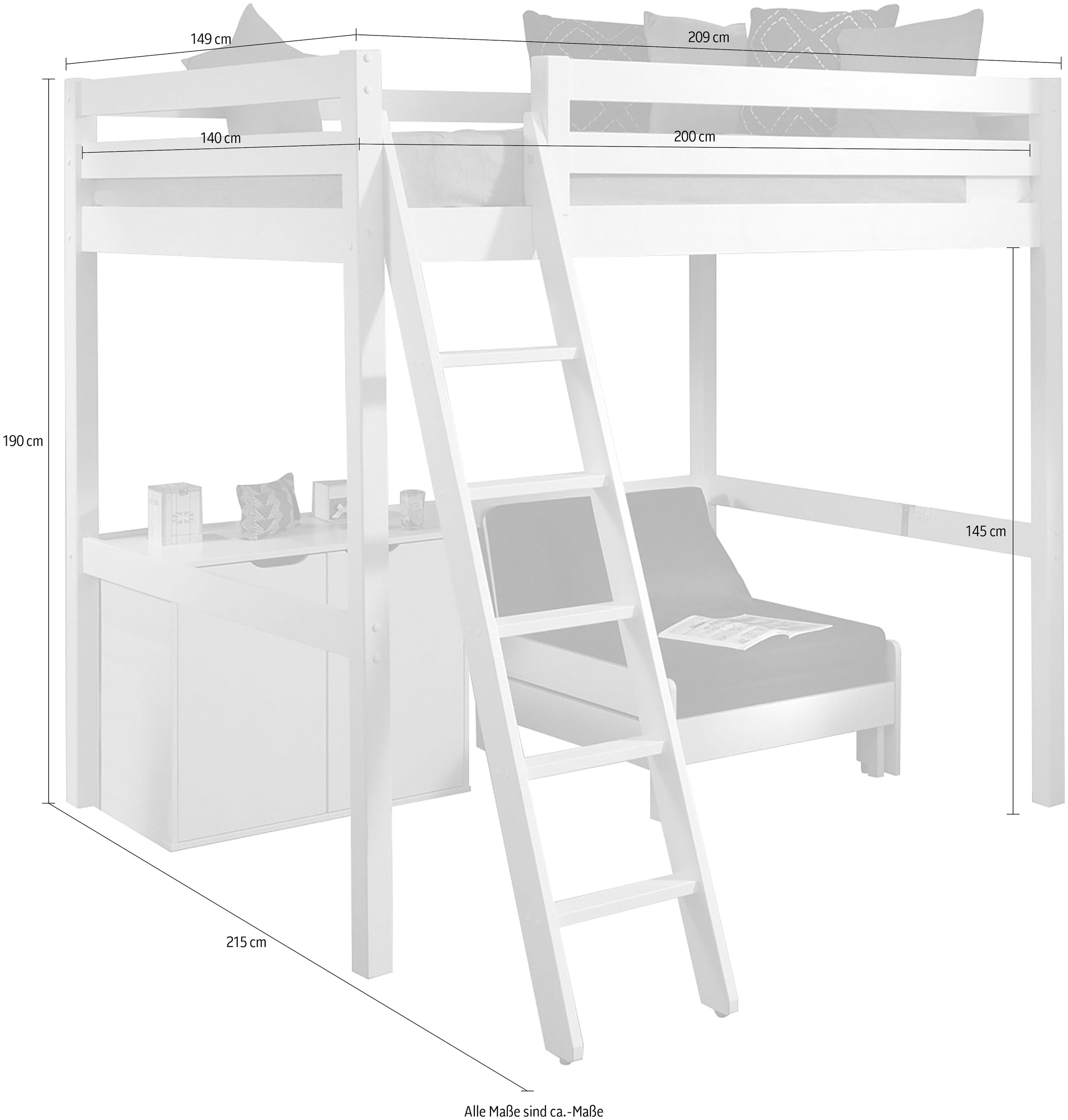 Vipack Lit superposé Fabriqué en Europe,  lit mezzanine avec surface de couchage 140 x 200 cm, incl. commode et fauteuil-lit