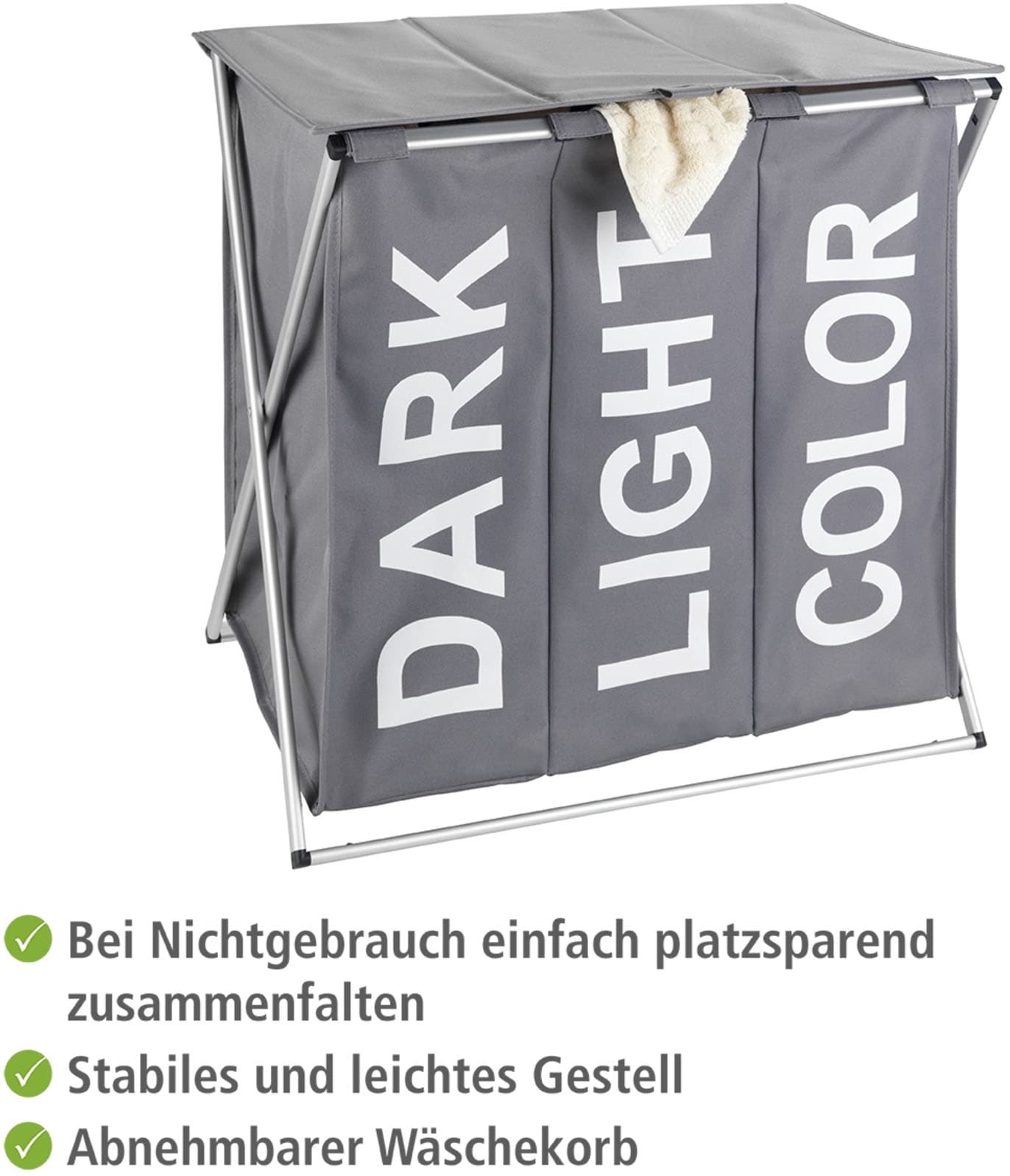 WENKO Wäschesortierer »Modell Trio Top«, abnehmbarer Wäschesammler mit Metallgestell, 3 Fächer, 118 L
