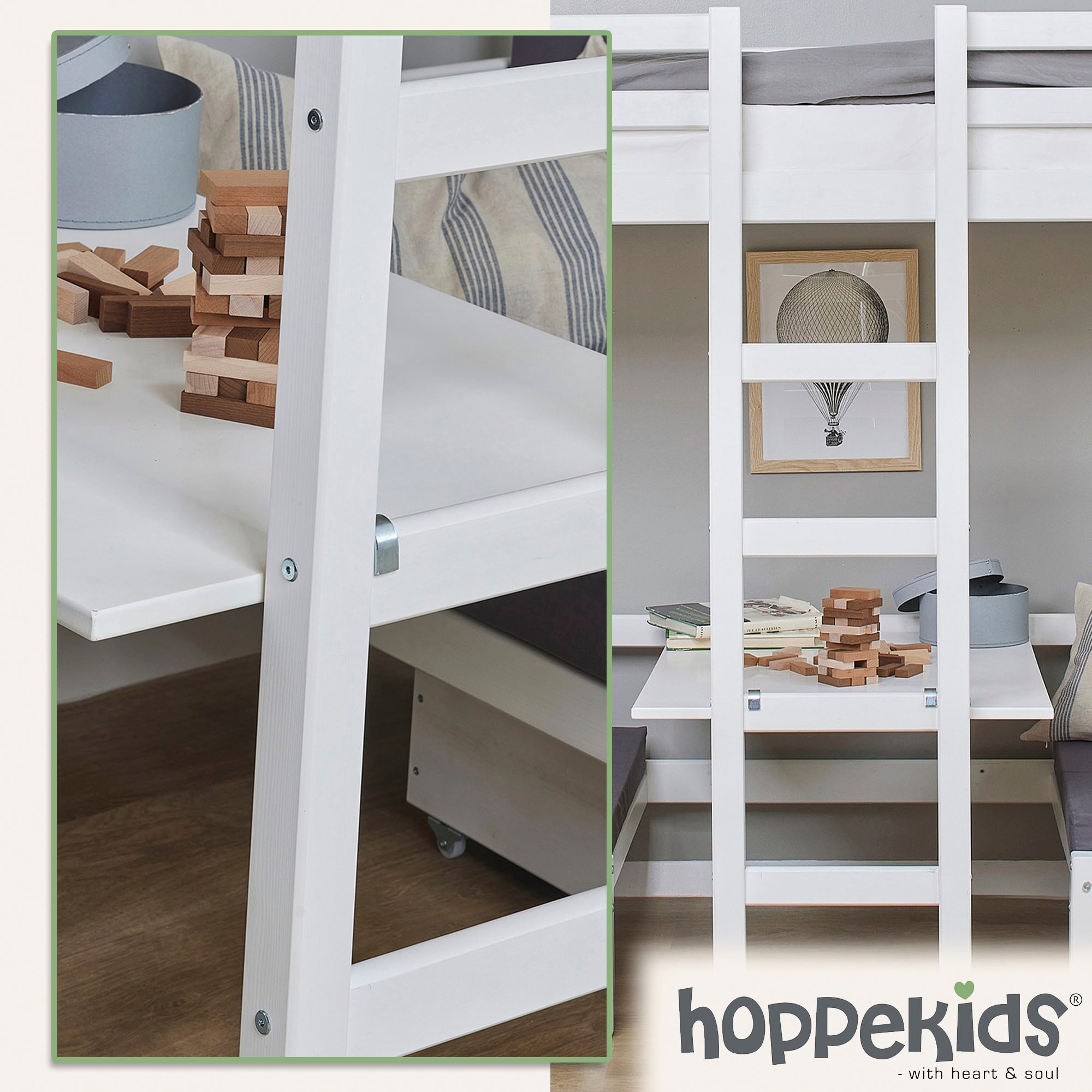 Hoppekids Hochbett »Kinderbett ECO Dream, Einzelbett, Juniorbett 90x200«, 5 verschiedene Farben: Weiss, Grün, Blau, Rosa, Grau