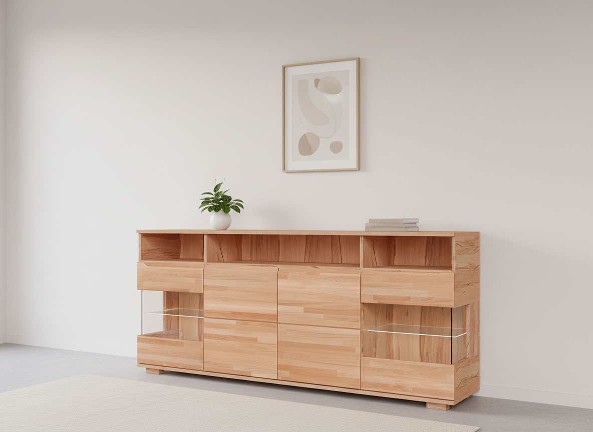 Image of GOODproduct Sideboard "VETRO Teilmassiv, Fronten Massivholz, Wohnzimmer, Stauraum,Griffmulde" B/T/H:199/40/85cm, 3 offene Fächer, 6geschlossen Fächer, Stauraum