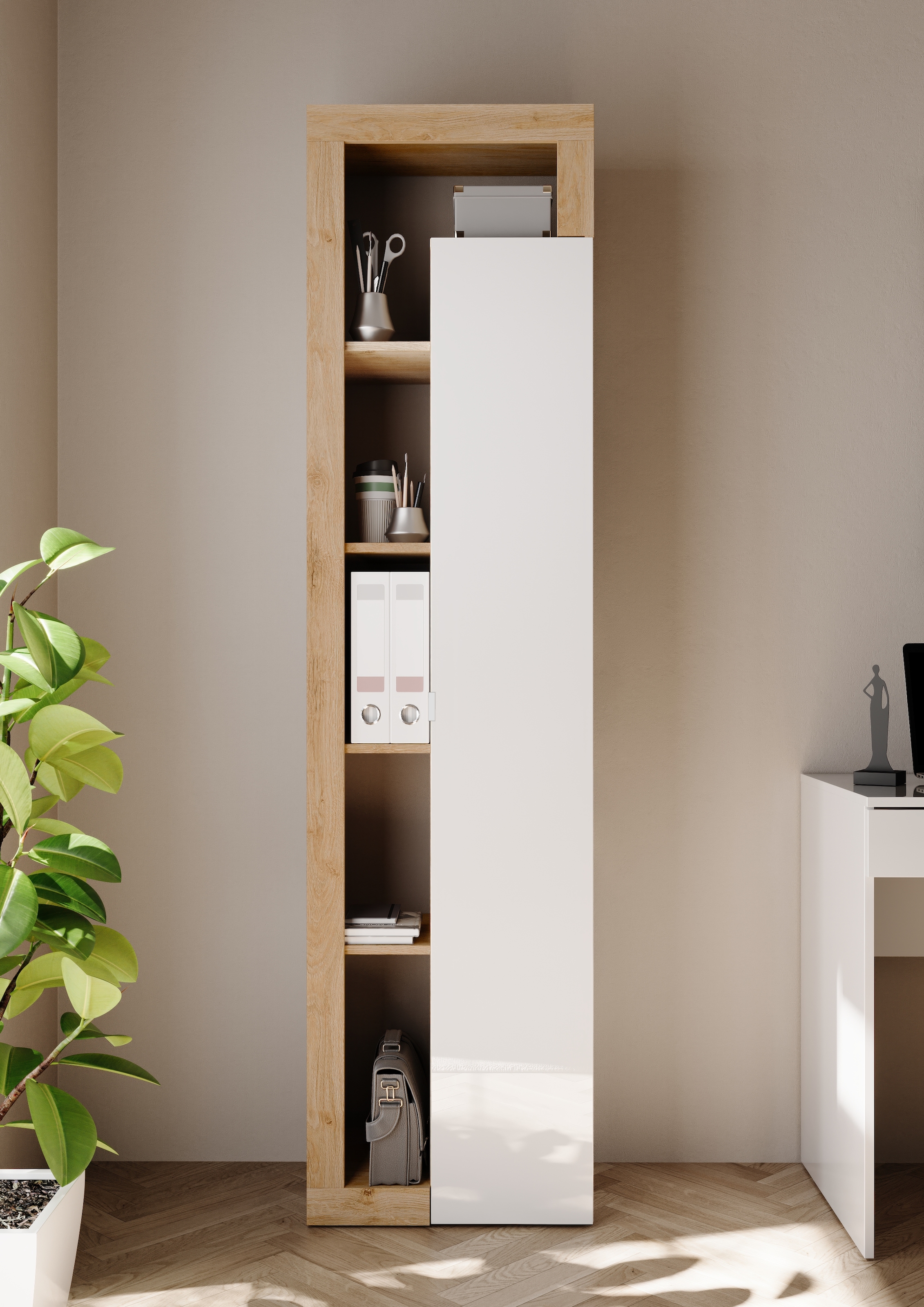 INOSIGN Aktenschrank »Hamburg Höhe 189 cm, Breite 50 cm, 1 Tür, offene Fächer, Büroschrank,« Mehrzweckschrank, dekorativer Rahmen, Metallgriff, viel Stauraum