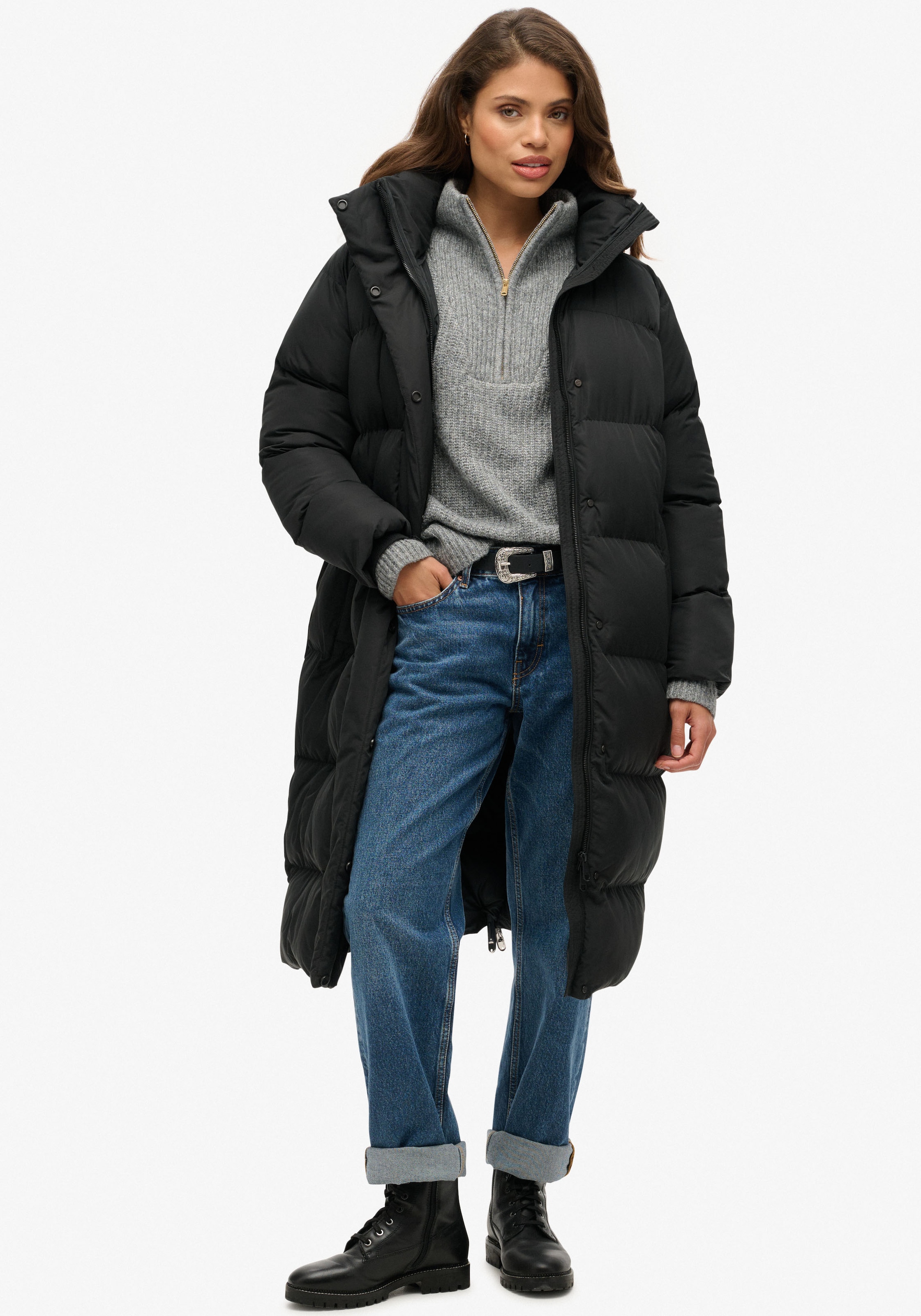 Image of Superdry Steppjacke "Longline Hooded Puffer Jacket" Oversize-Passform, mit Reissverschluss, aus Polyester, pflegeleicht