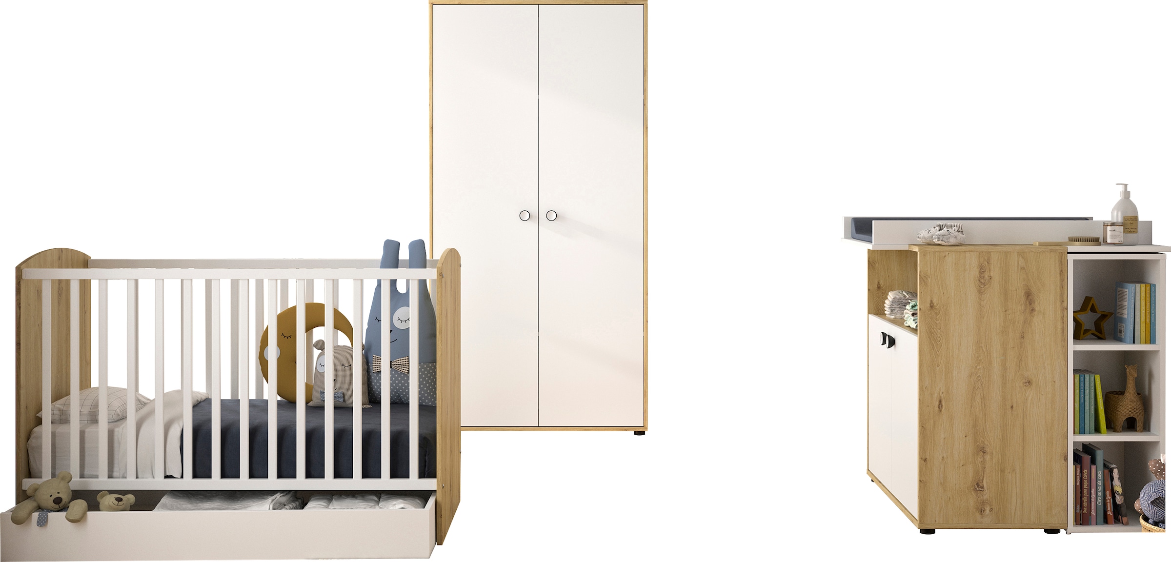 Galipette Babyzimmer-Komplettset »Arthur«, (6 tlg., mit Schrank, Bett mit Schubl, Wickelkommode, Wickelaufsatz und Regal)