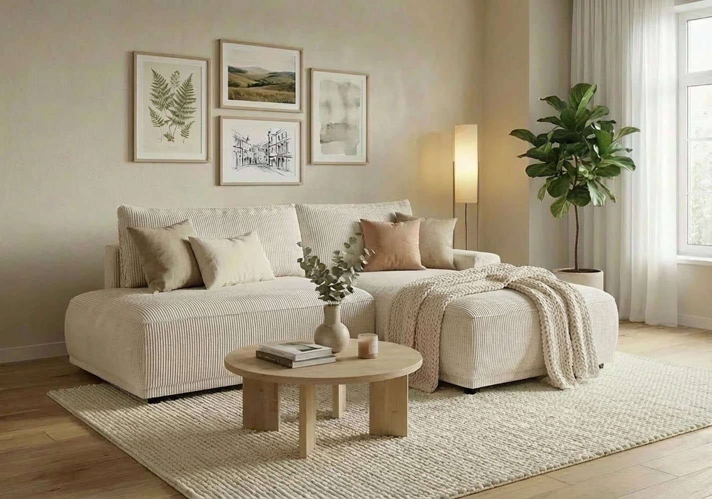 Image of TRENDMANUFAKTUR Ecksofa "Fordon II, Schlafsofa mit Bettkasten, Couch in L-Form, Breite 250 cm" in Cordstoff HYPER, cream, Armlehne rechts