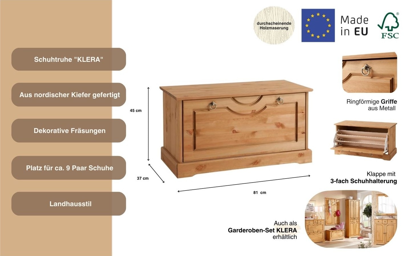 Home affaire Coffre à chaussures »Klera« Breite 81 cm, aus massiver Kiefer, FSC®-zertifiziert