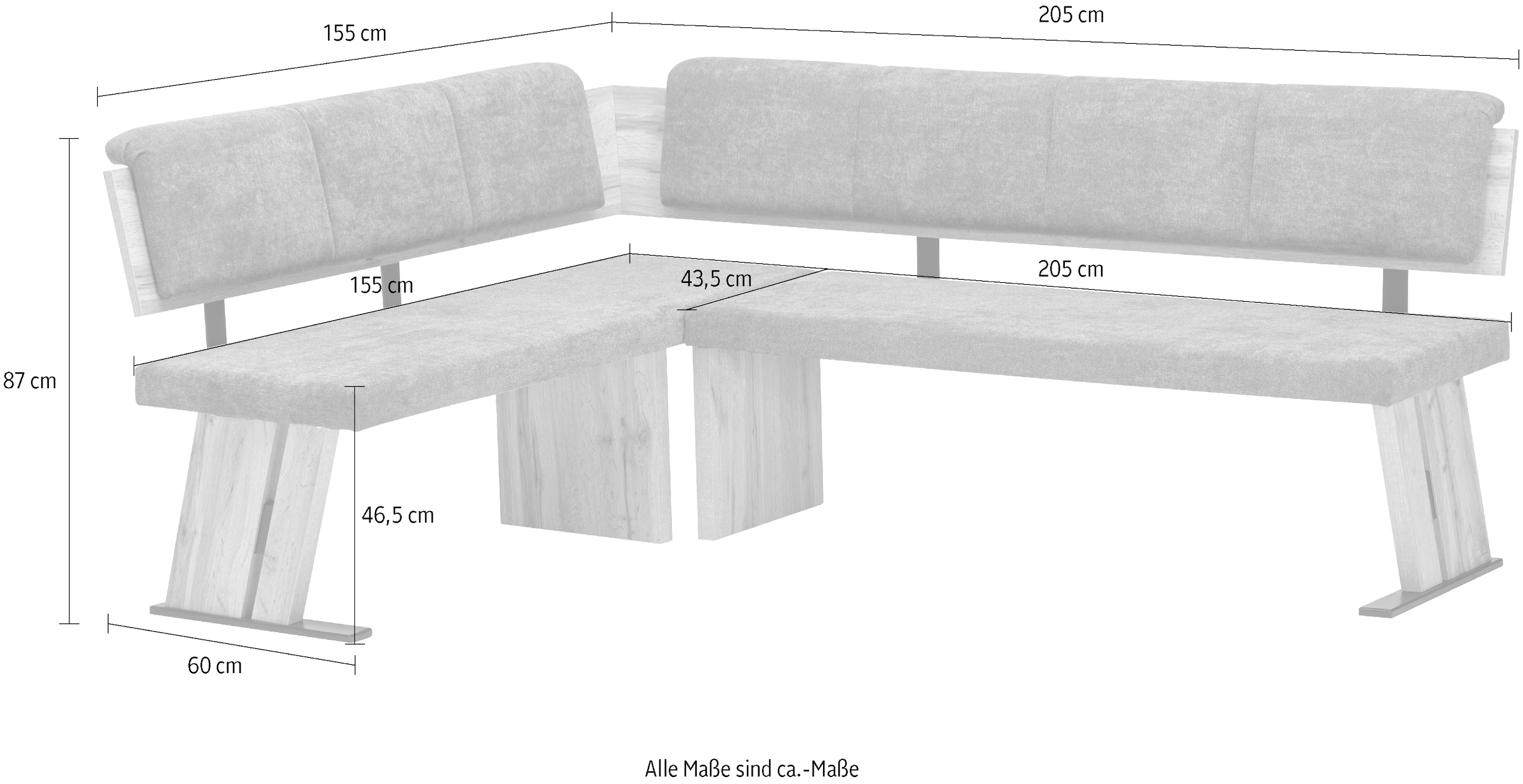 massivline&more Banc d'angle »SK Kota, Esszimmerbank, Küchenbank, Polstereckbank« 3 cuis tlg. ajustable, dimensions : 155 x 205 cm