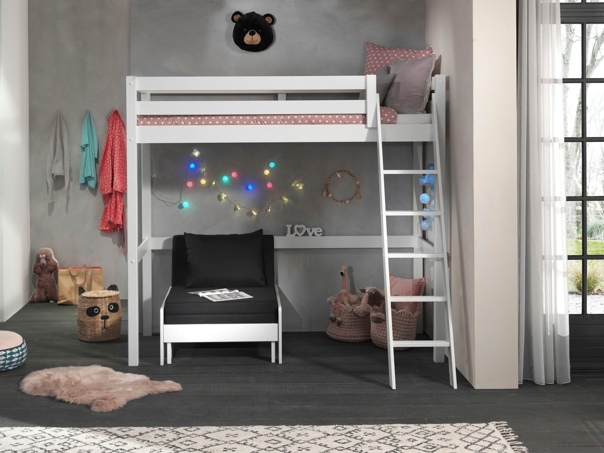 Vipack Hochbett Made in Europe,  Hochbett mit 90 x 200 cm Liegefläche, grau oder weiss lackiert