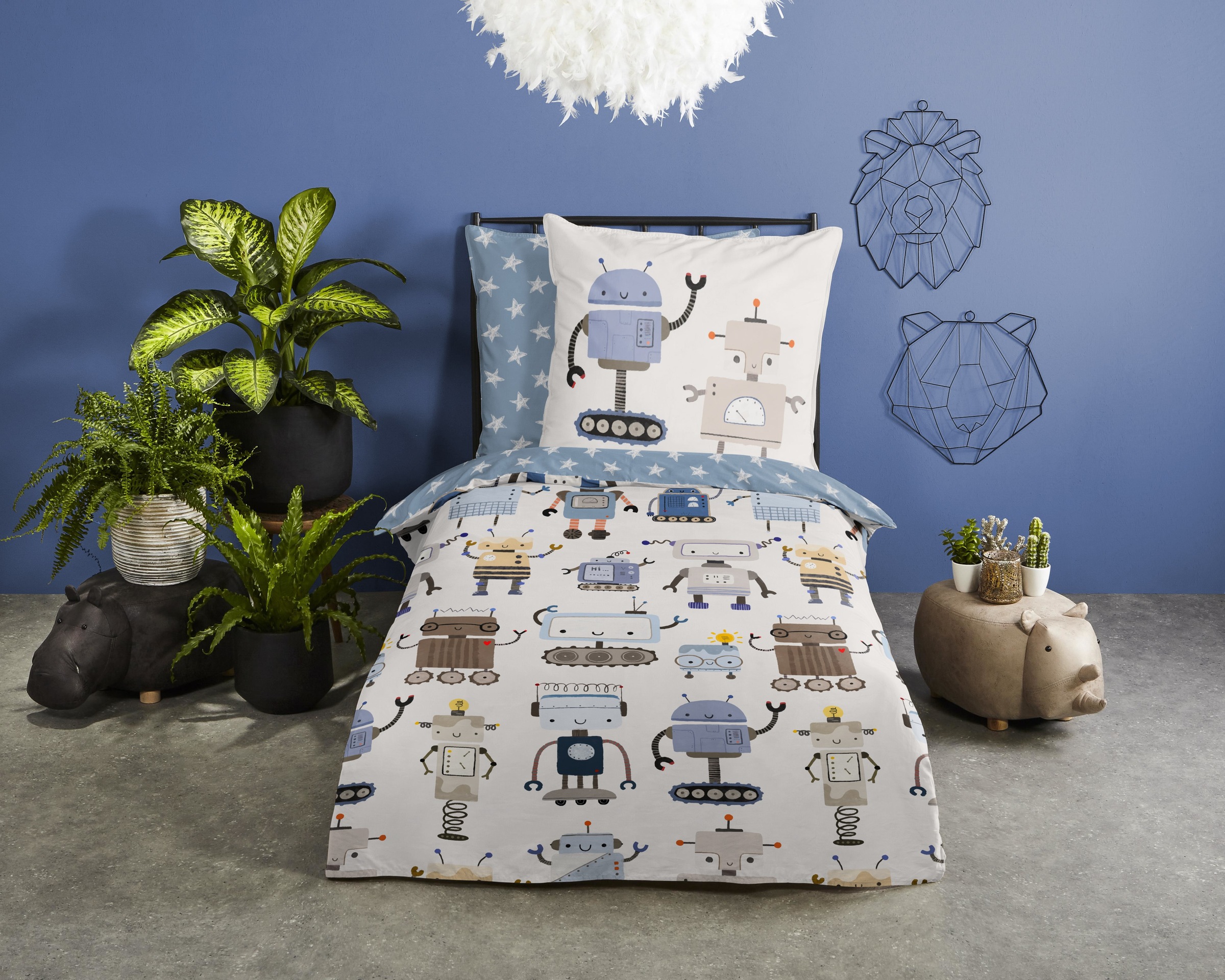 good morning Kinderbettwäsche »Robo«, Baumwolle, Reissverschluss, Wendeoptik, Baby, Junge, Roboter, Weiss blau