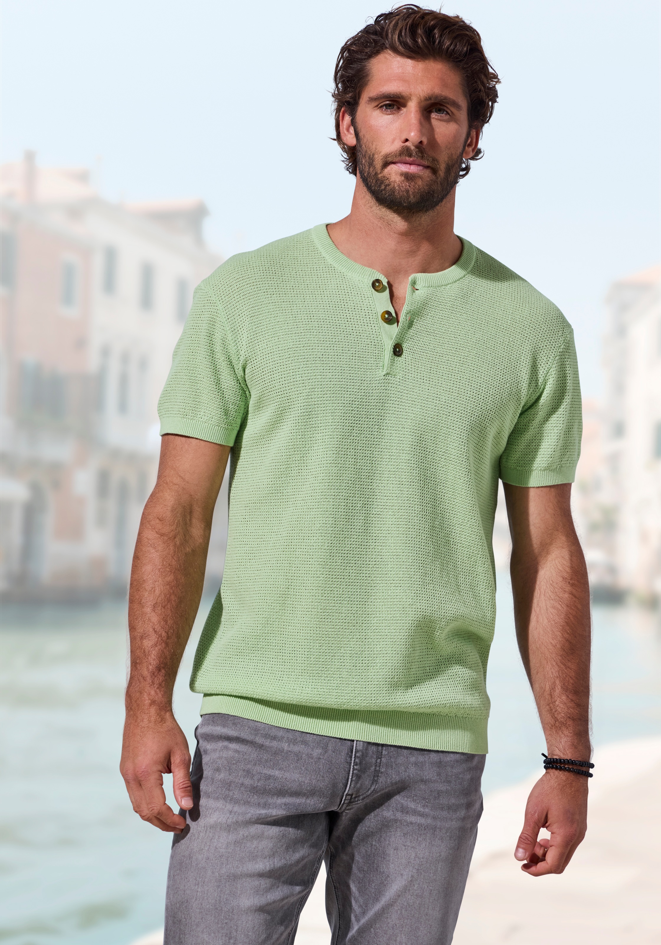 Image of John Devin Henleyshirt "- Strickshirt" Rundhalsausschnitt mit kleiner Knopfleiste