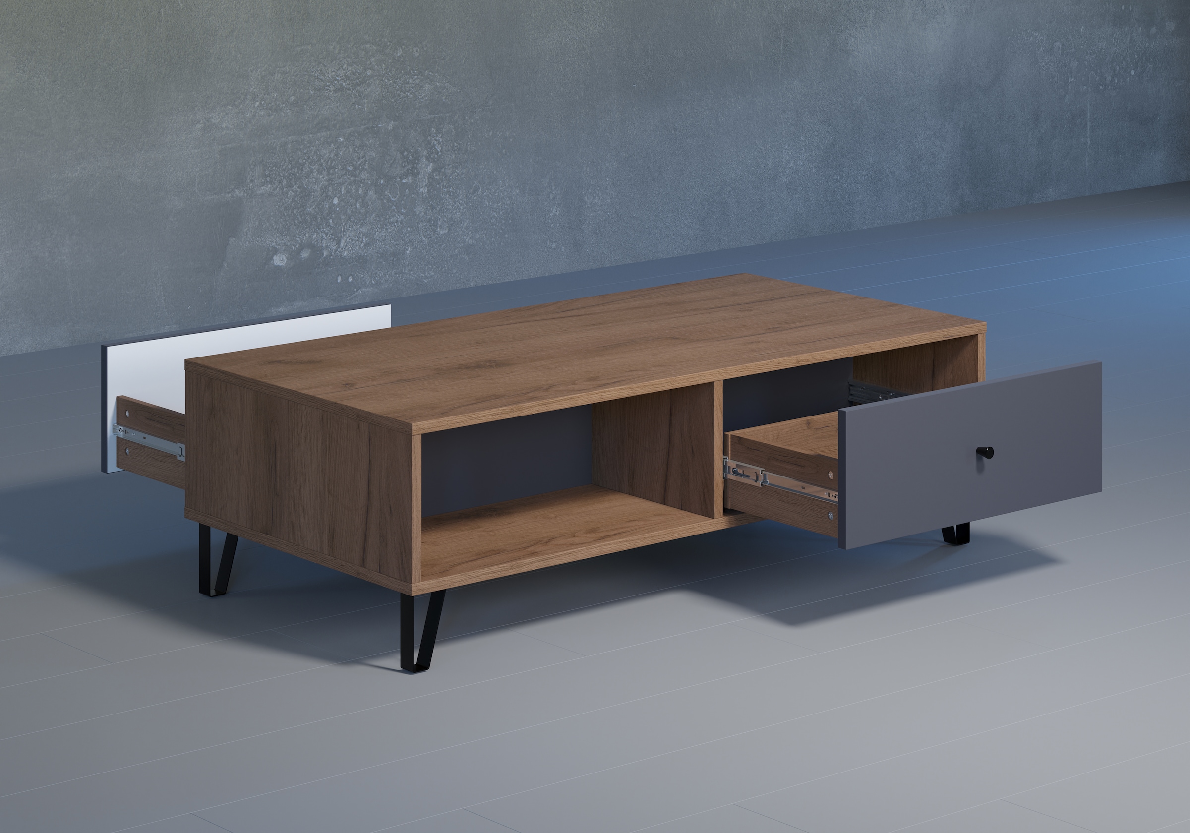 Places of Style Couchtisch »Molveno«, (1 St.), Sofatisch mit 2 Fächern, Schubladen und extravaganten Metall-Füssen