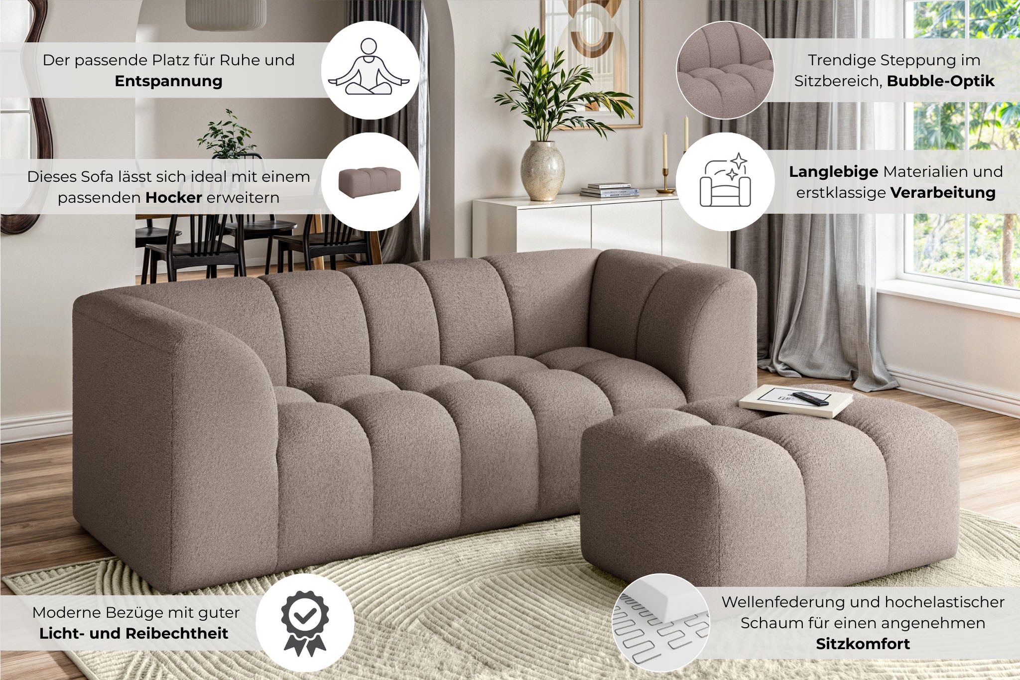GOODproduct 3-places »TUURE Verlässliche Qualität, moderne Steppung, Breite 227cm« Bubble Optik, hoher Sitzkomfort, Wellenunterfederung