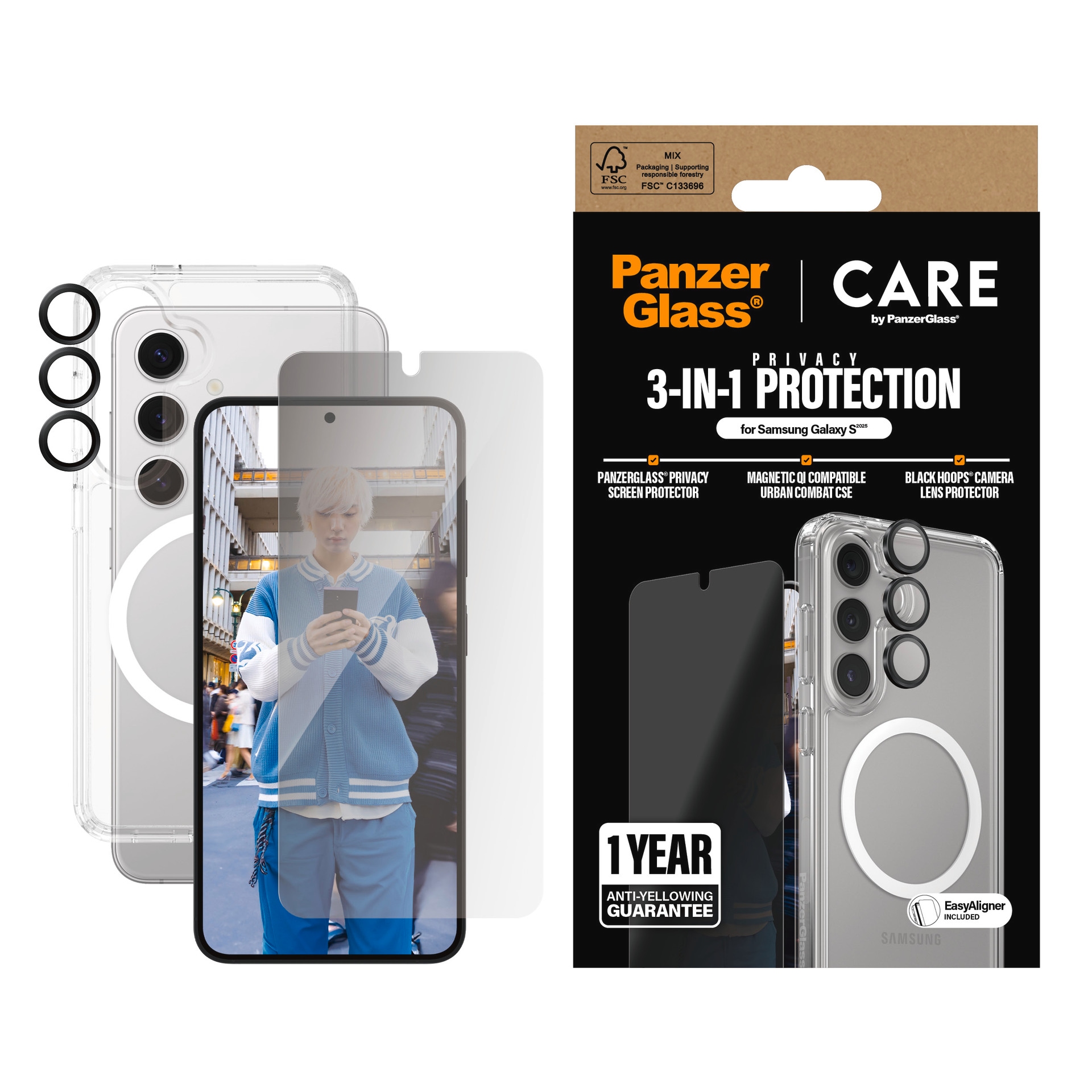 Image of CARE by PanzerGlass Displayschutzglas "3-in-1 Privacy Protection Set" für Samsung Galaxy S25 Blickschutz, Schutzfolie, Bildschirmschutz, kratz- & stossfest