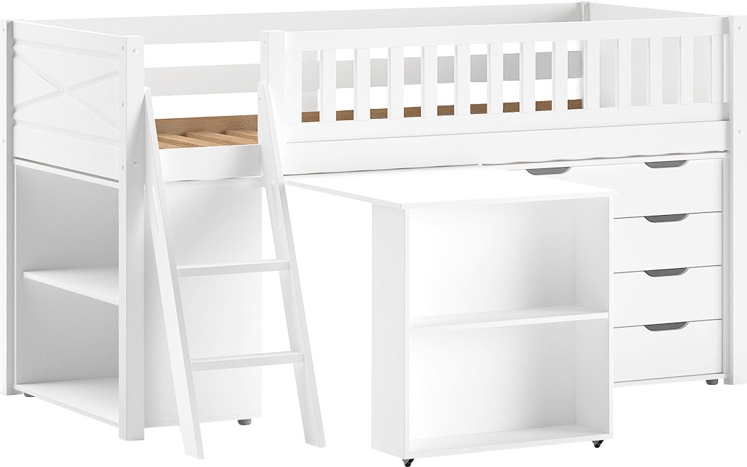 Vipack Spielbett Made in Europe,  mit viel Funktion auf kleinem Raum, LF 90x200 cm, Kiefer weiss lackiert