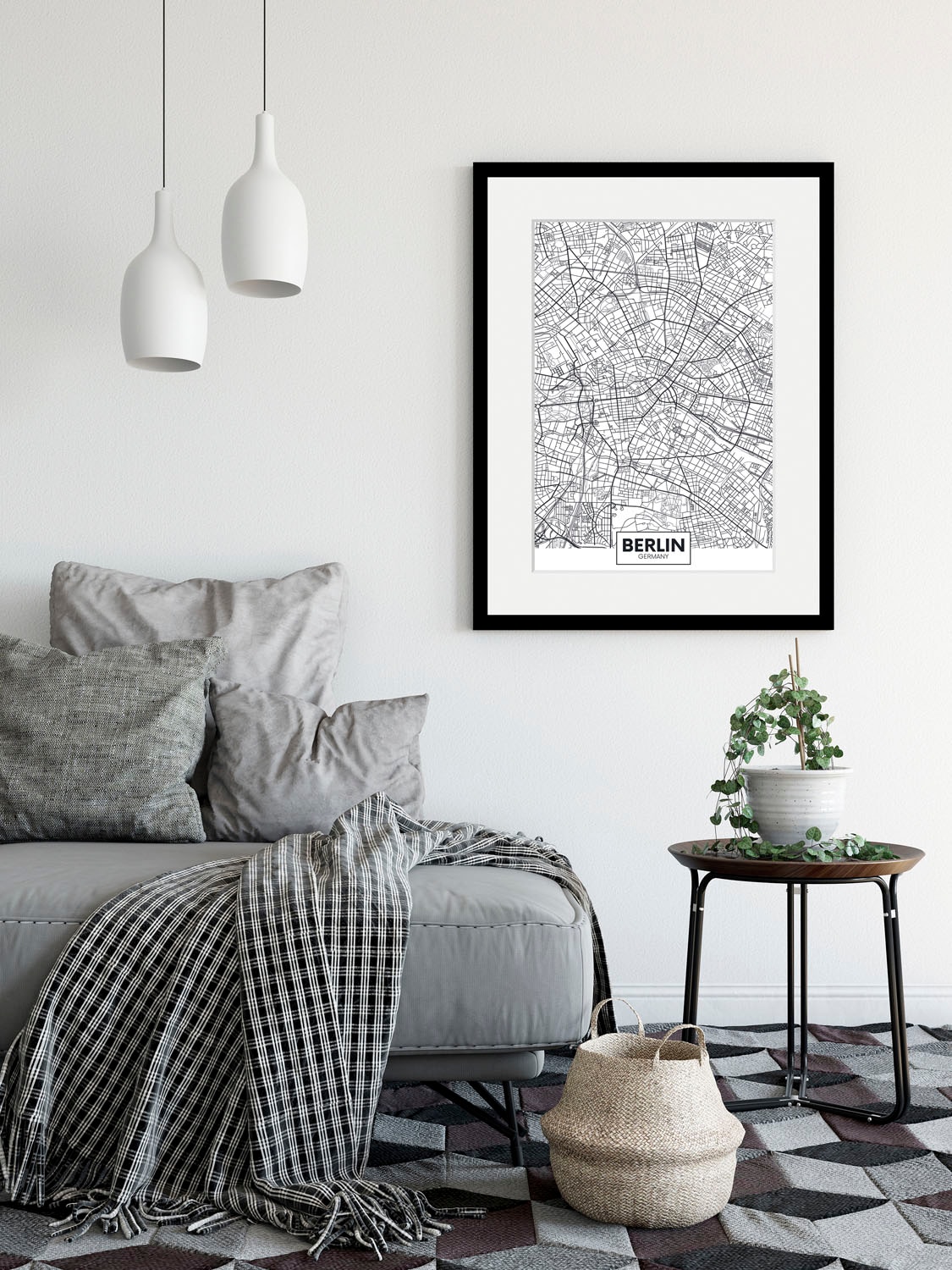 Image of queence Bild "Berlin Stadtkarte" Berlin Deutschland Schwarz-Weiss Stadt Städte 1 Stk. tlg. HD Premium Poster-Druck inkl. Holzrahmen