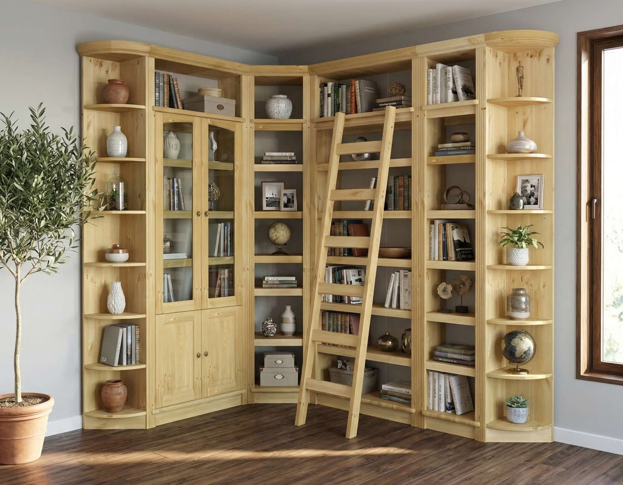 GOODproduct Bibliothek »Soeren - 7-tlg. Set: mit 1 Regal B 80 cm., 1 Regal B 40 cm, 1 Eckregal« Set, 7 Stk. tlg. Inkl. 1 Vitrine,2 gerundeten Abschlussregalen und 1 Holzleiter,H220 cm