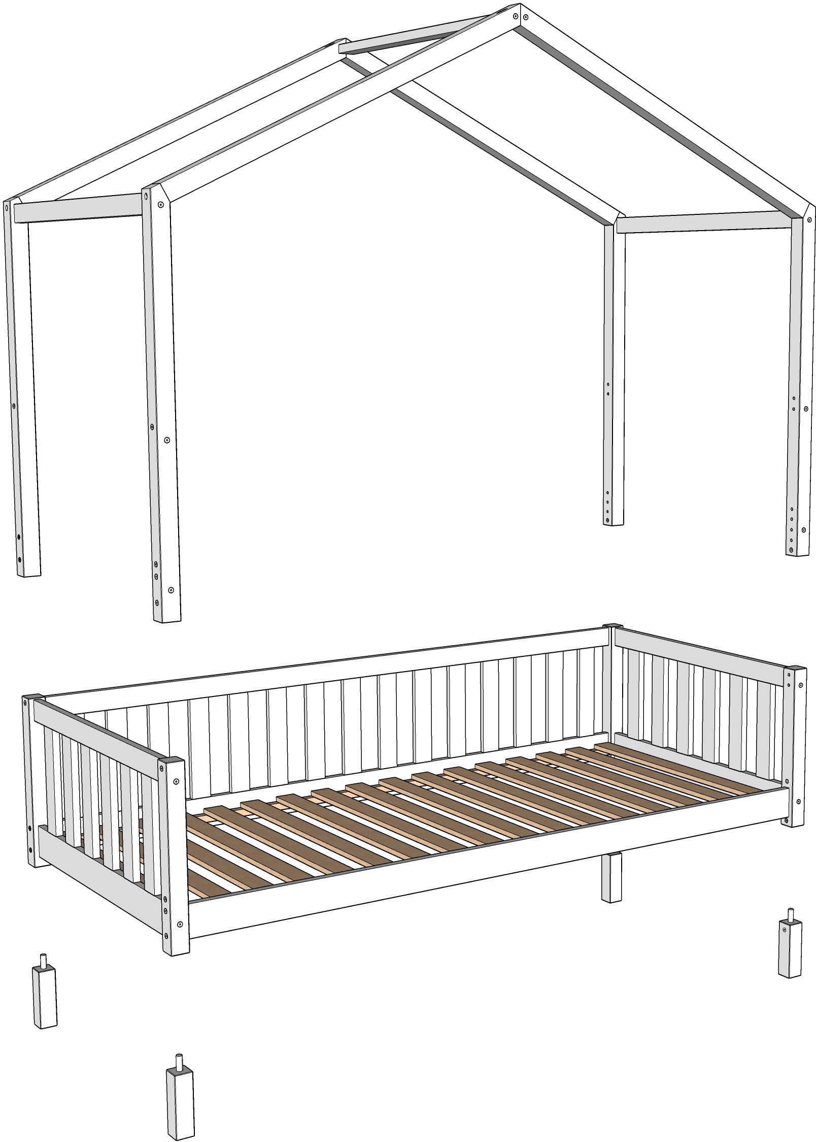 Vipack Hausbett »Dallas, Massivholzbett mit Dachaufbau umbaubar vom Boden- zum Daybett« inkl. Rolllattenrost und Sprossenumrandung, 90 oder 140x200 cm breit,  stabil und standfest gebaut, wahlweise Kiefer massiv natur oder weiss