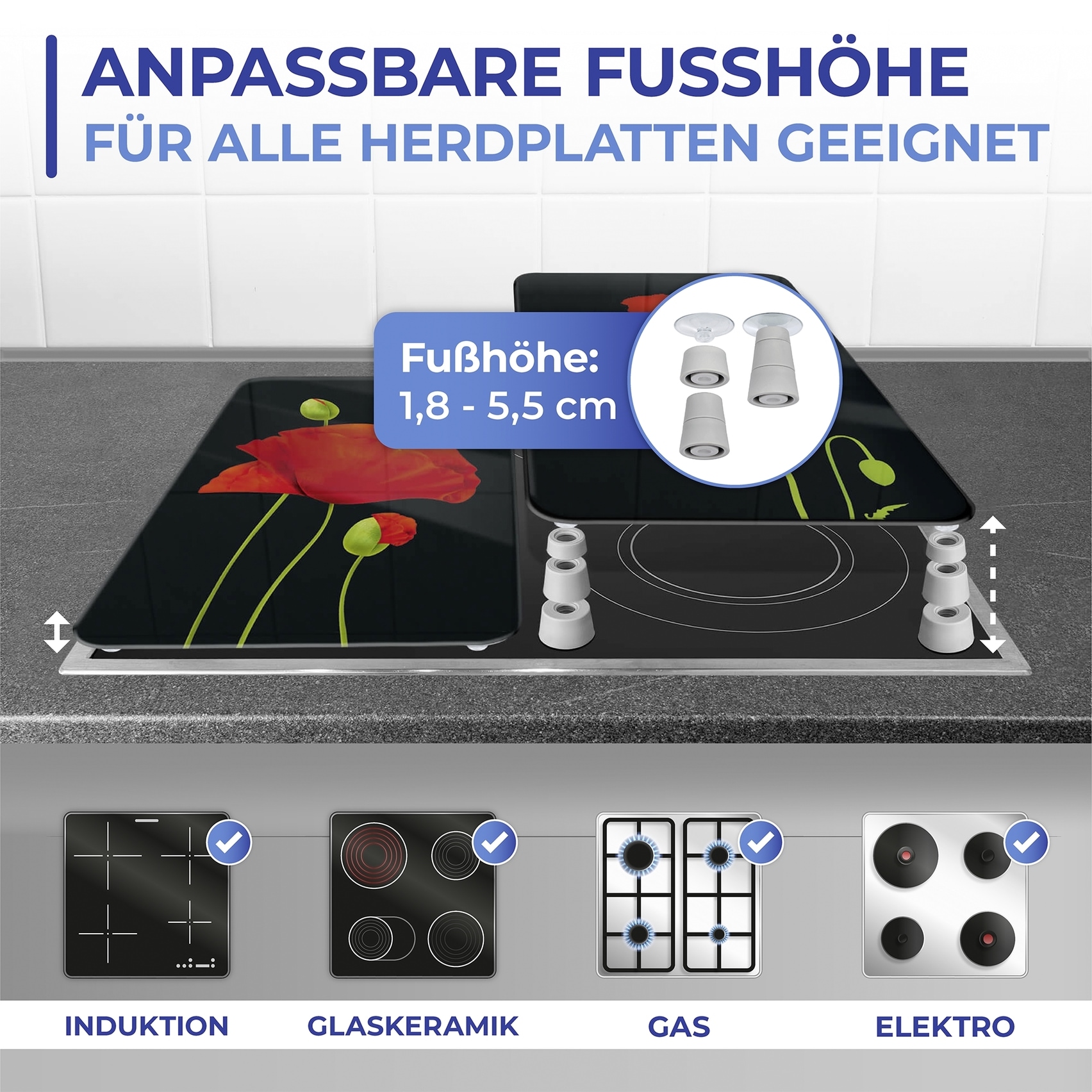 Maximex Herd-Abdeckplatte »Universal Modell Mohn«, (Set, 2 tlg.), Herdabdeckung für alle Herdarten, kratzfest, mit rutschfesten Füssen