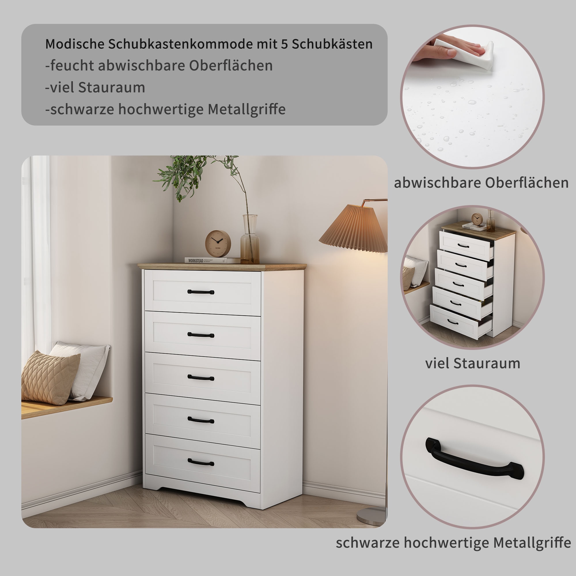 GOODproduct Schubkastenkommode »Emmilia Sideboard im Landhaus Design« Kommode mit viel Stauraum im Schlafzimmer,  Schubladenschrank Sideboard Wäscheschrank Skandi Design