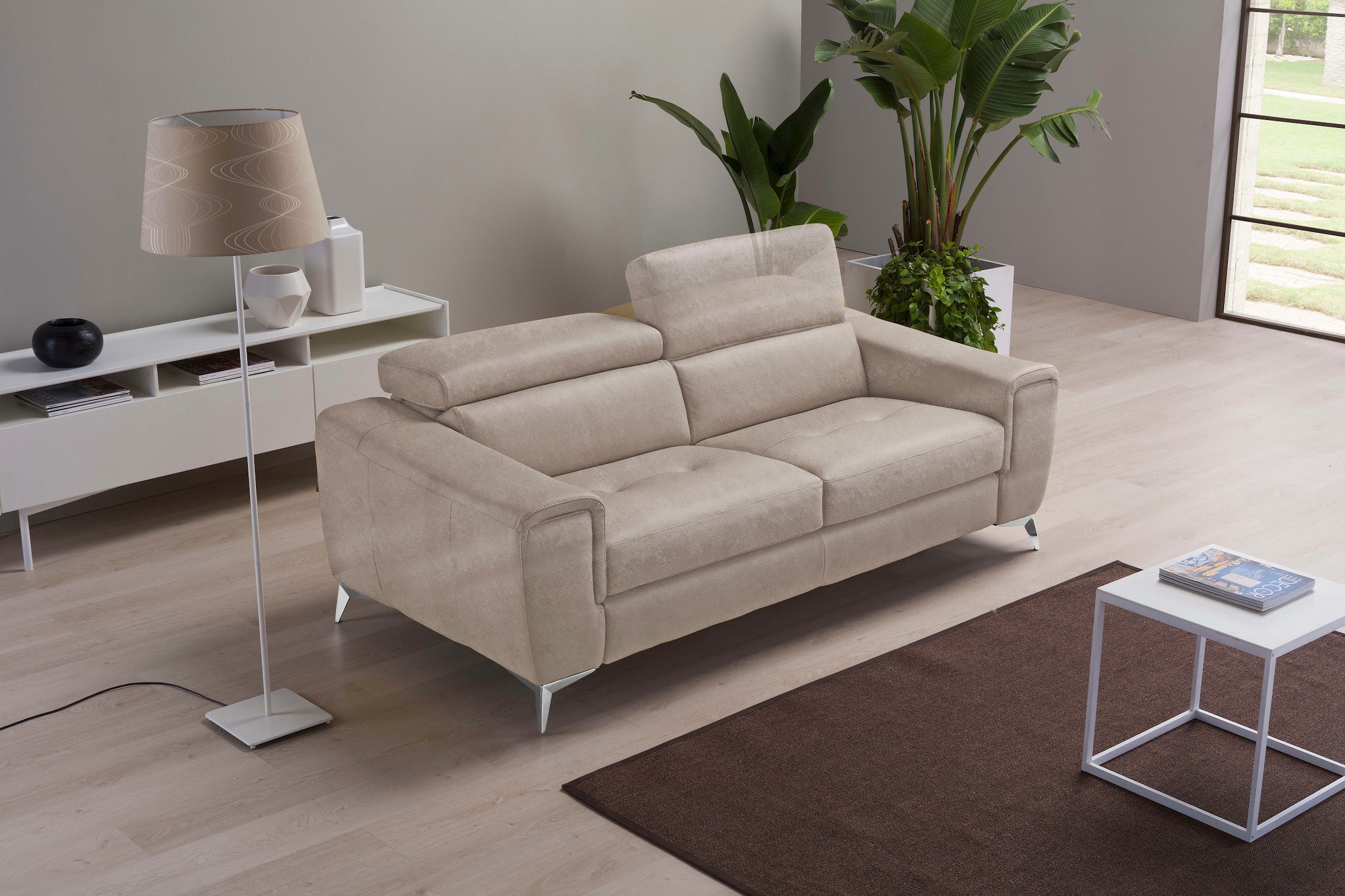 Image of Egoitaliano 2,5-Sitzer "Francine, Designsofa, Loungesofa, Breite 213 cm, Fussfarbe chrom" Designfuss, Luxus-Microfaser Lederoptik, opal grau