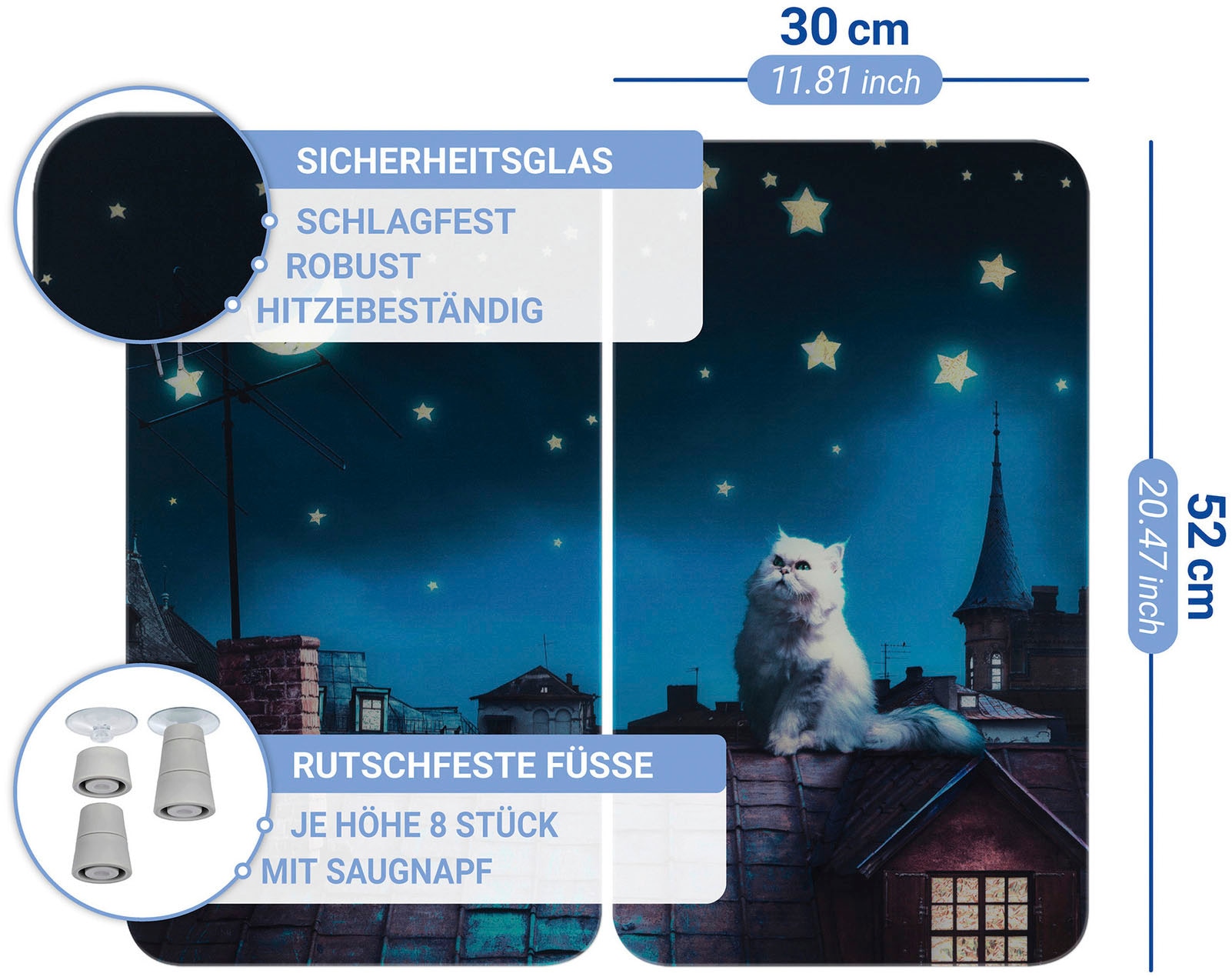 WENKO Herd-Abdeckplatte »Universal Modell Moon Cat«, (Set, 2 tlg.), Herdabdeckung für alle Herdarten, kratzfest, mit rutschfesten Füssen