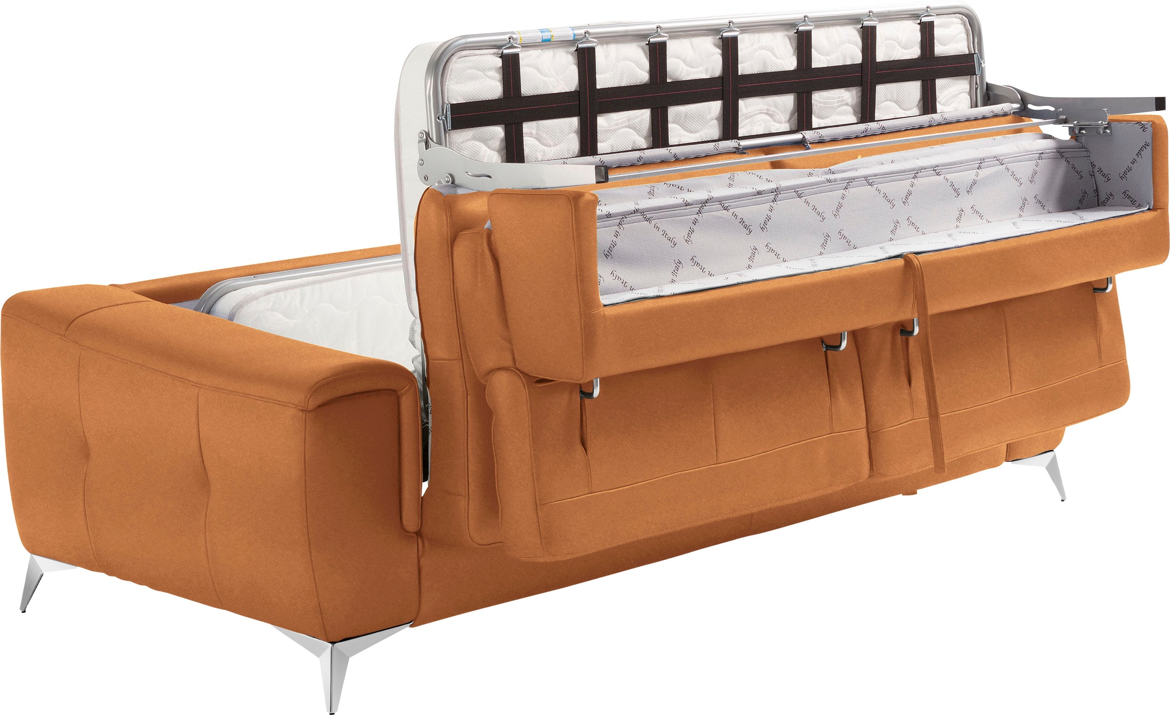 Egoitaliano Schlafsofa »Francine Designsofa, Loungesofa mit Dauerschlaffunktion, Breite 233 cm«, mit Bettfunktion, Luxus-Microfaser Lederoptik, cognac, Fussfarbe chrom